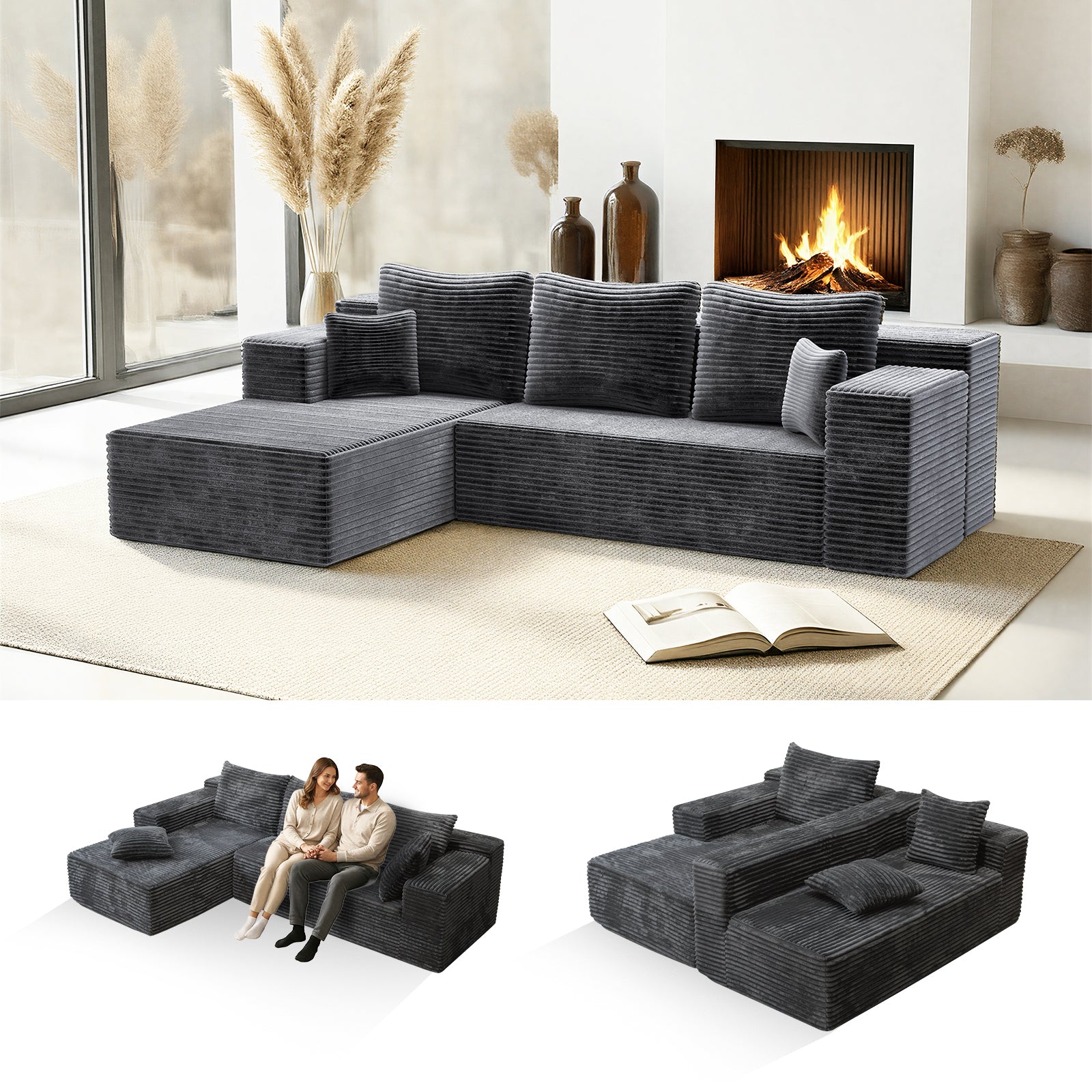 Kelyda 106" Boneless L-Shaped Modular Sectional Sofa, Faux Rabbit Fur for Living Room