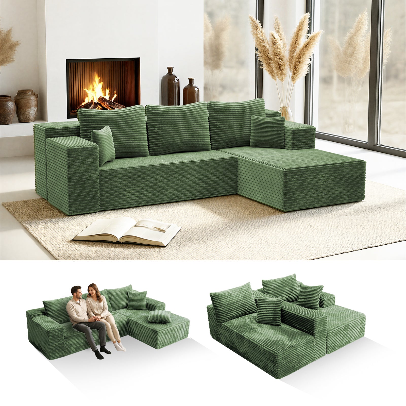Kelyda 106" Boneless L-Shaped Modular Sectional Sofa, Faux Rabbit Fur for Living Room