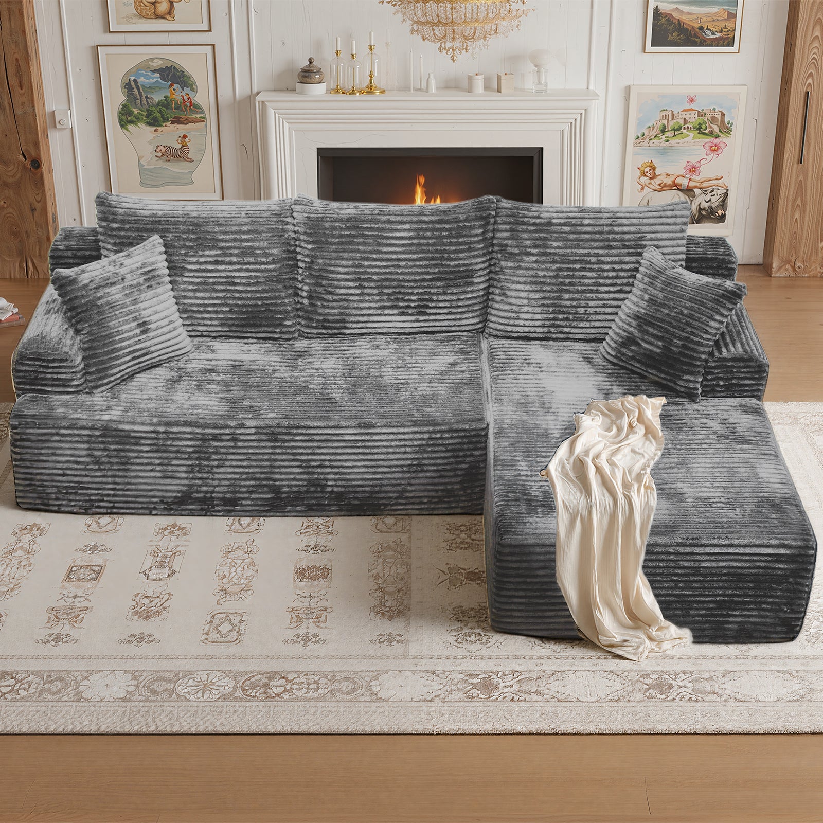 Kelyda 105" Modular L-Shaped Cloud Sofa, Plush Boneless Sectional with Deep Seats Chaise Corduroy Fabric