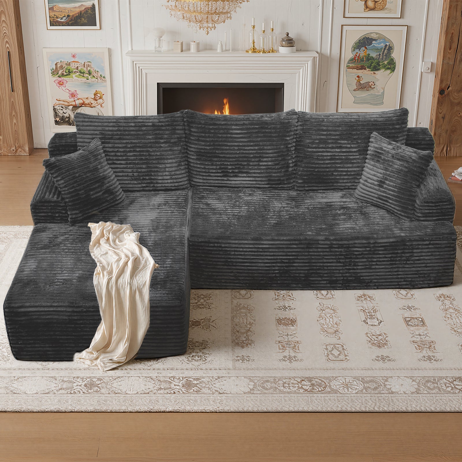 Kelyda 105" Modular L-Shaped Cloud Sofa, Plush Boneless Sectional with Deep Seats Chaise Corduroy Fabric