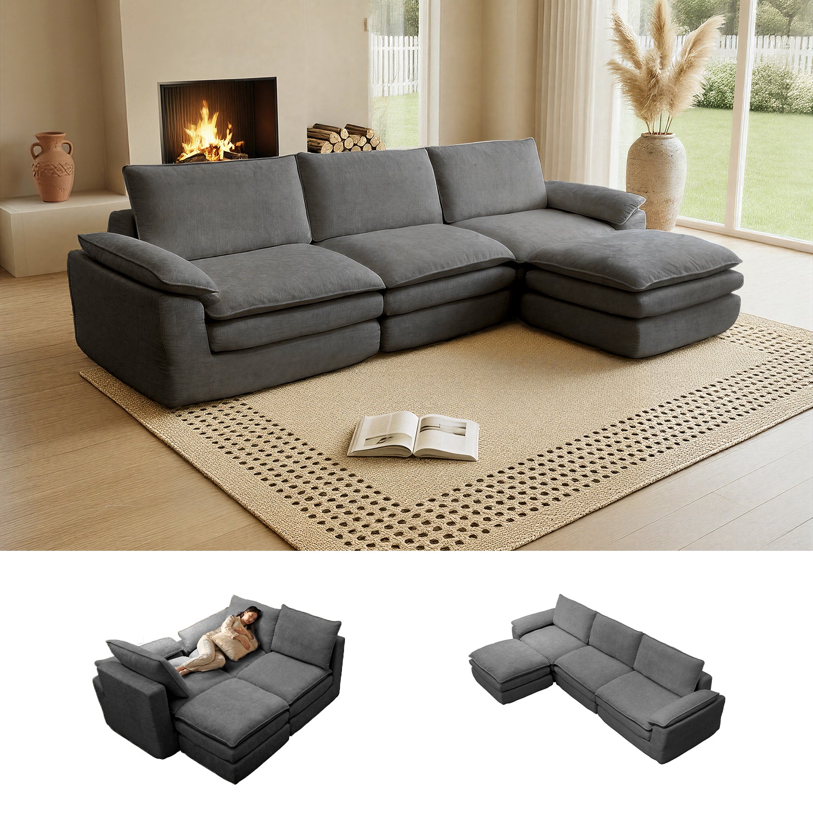 Kelyda 116'' Cloud Sectional Couches L Shaped, Modern Convertible Modular Cloud Chenille Sofa for Living Room