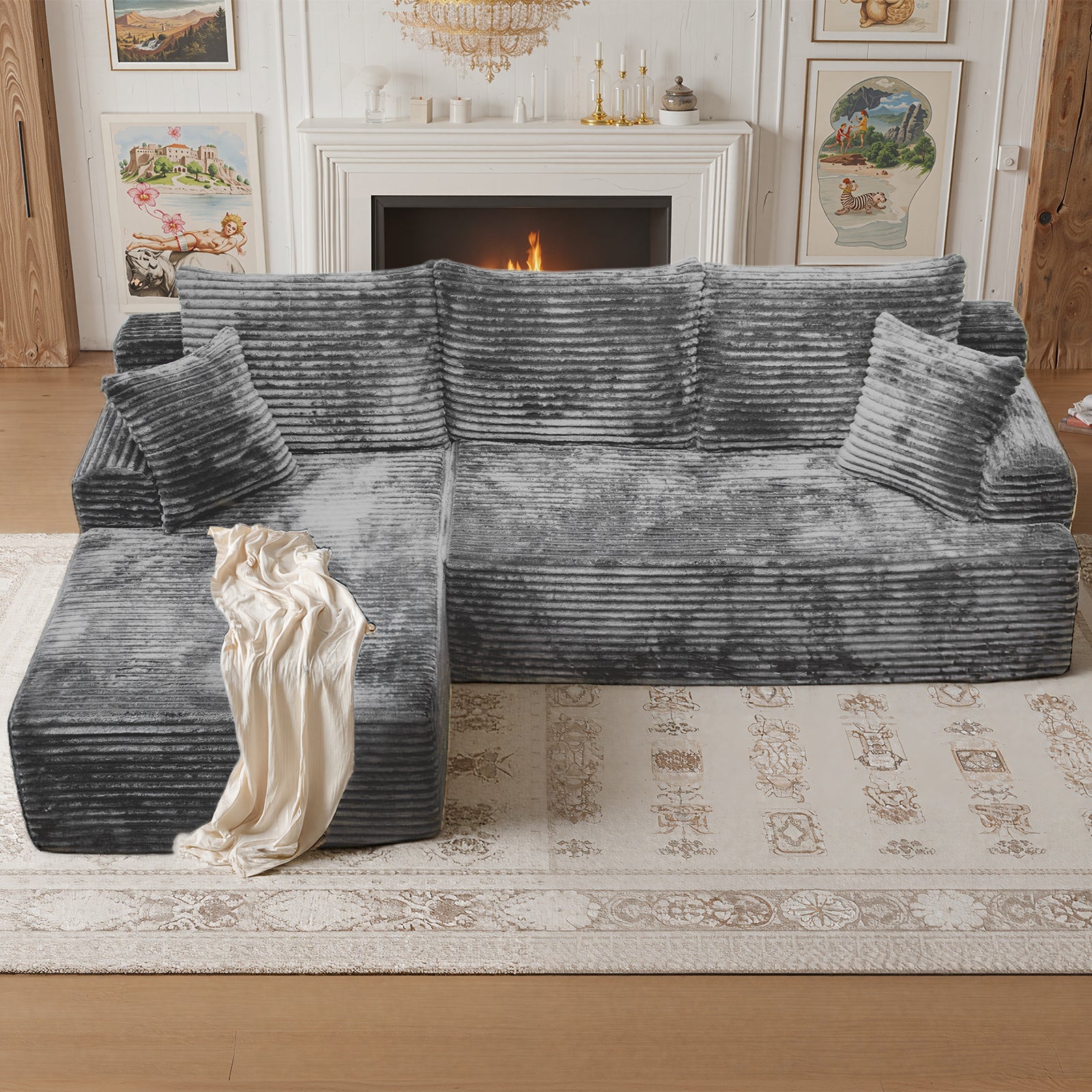 Kelyda 105" Modular L-Shaped Cloud Sofa, Plush Boneless Sectional with Deep Seats Chaise Corduroy Fabric