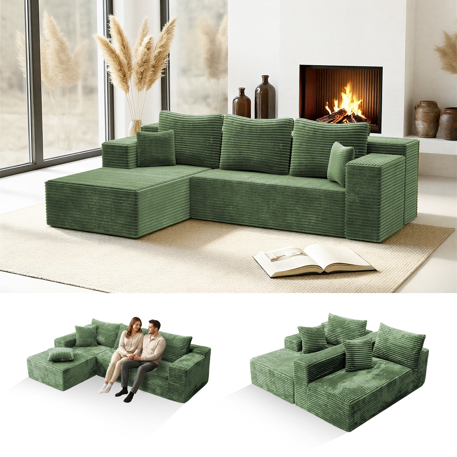 Kelyda 106" Boneless L-Shaped Modular Sectional Sofa, Faux Rabbit Fur for Living Room