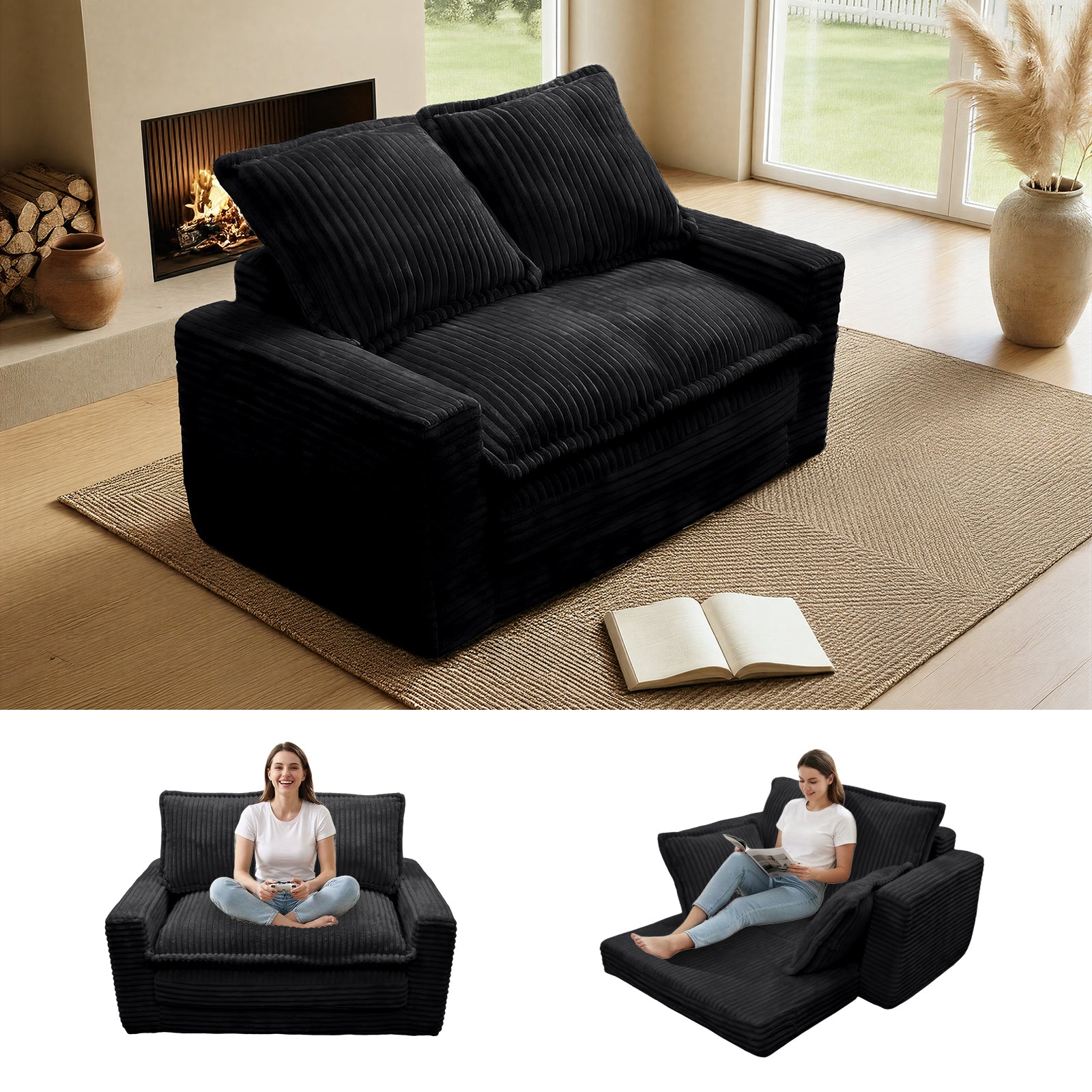 Kelyda Convertible Sofa Bed, 2 in 1 Modern Cloud Boneless Sofa Bed Loveseat Couch Sleeper Chairs for Living Room Grey