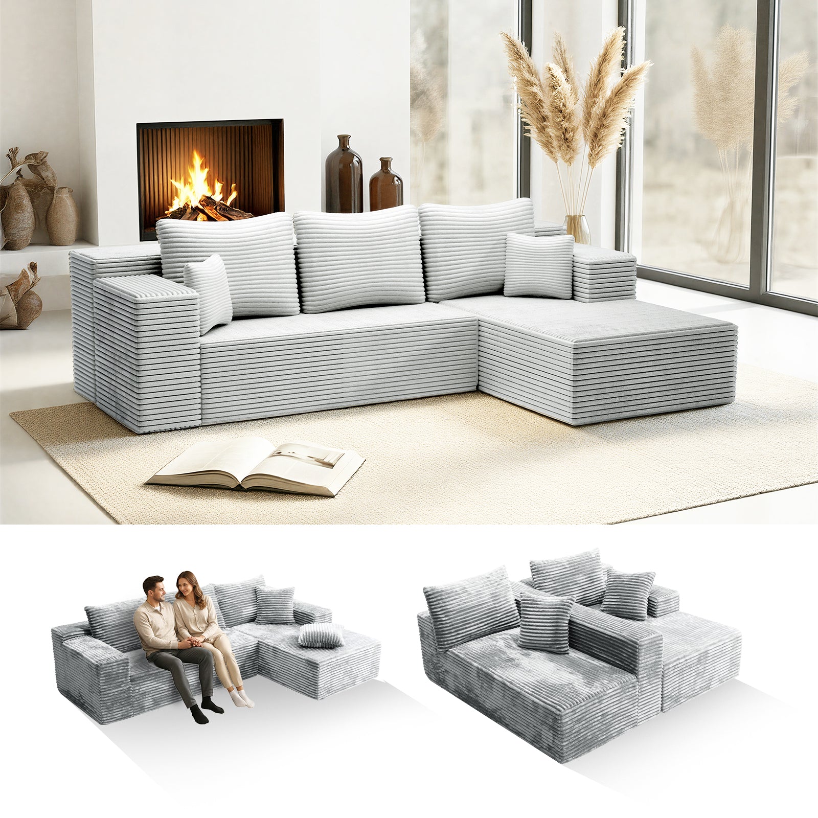 Kelyda 106" Boneless L-Shaped Modular Sectional Sofa, Faux Rabbit Fur for Living Room