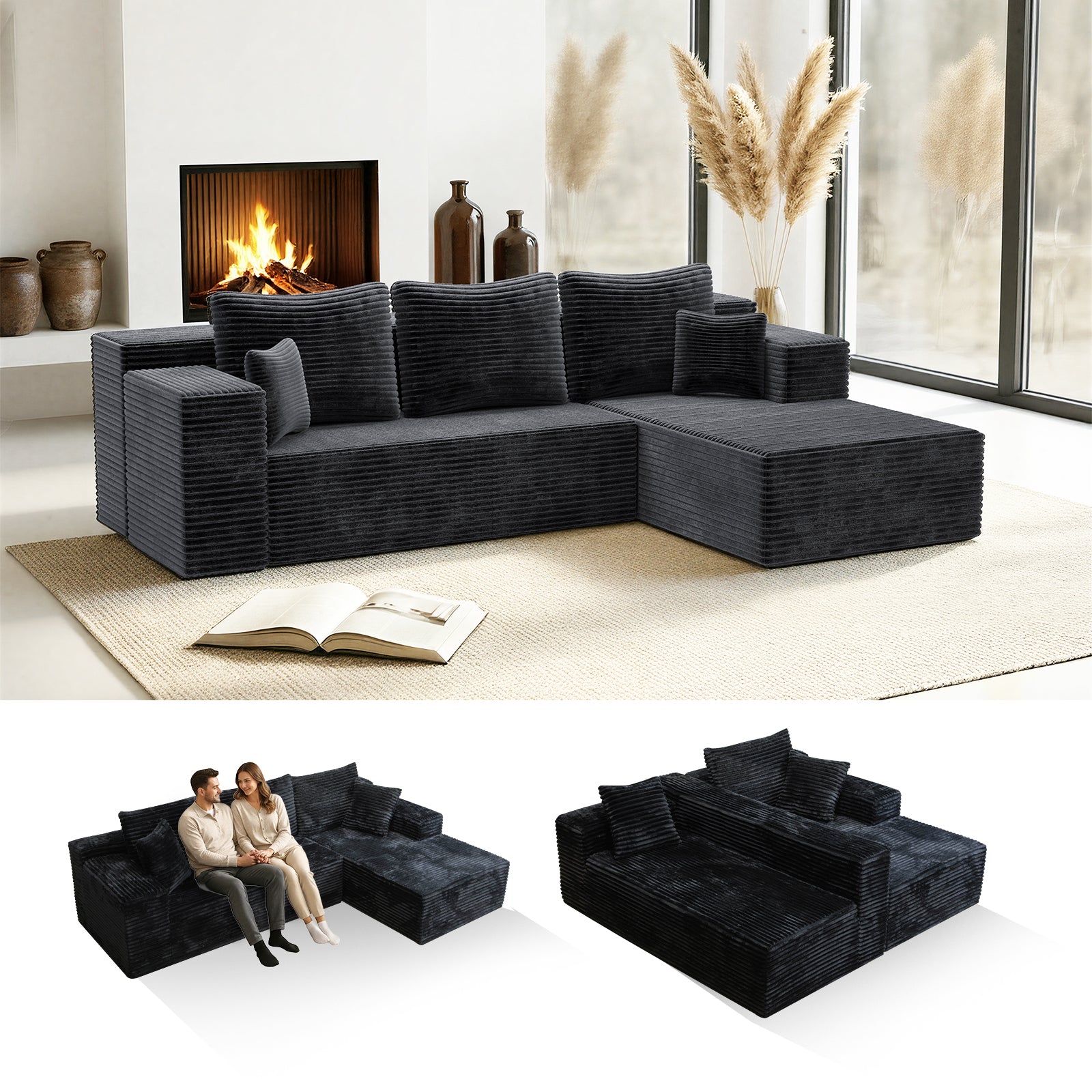 Kelyda 106" Boneless L-Shaped Modular Sectional Sofa, Faux Rabbit Fur for Living Room