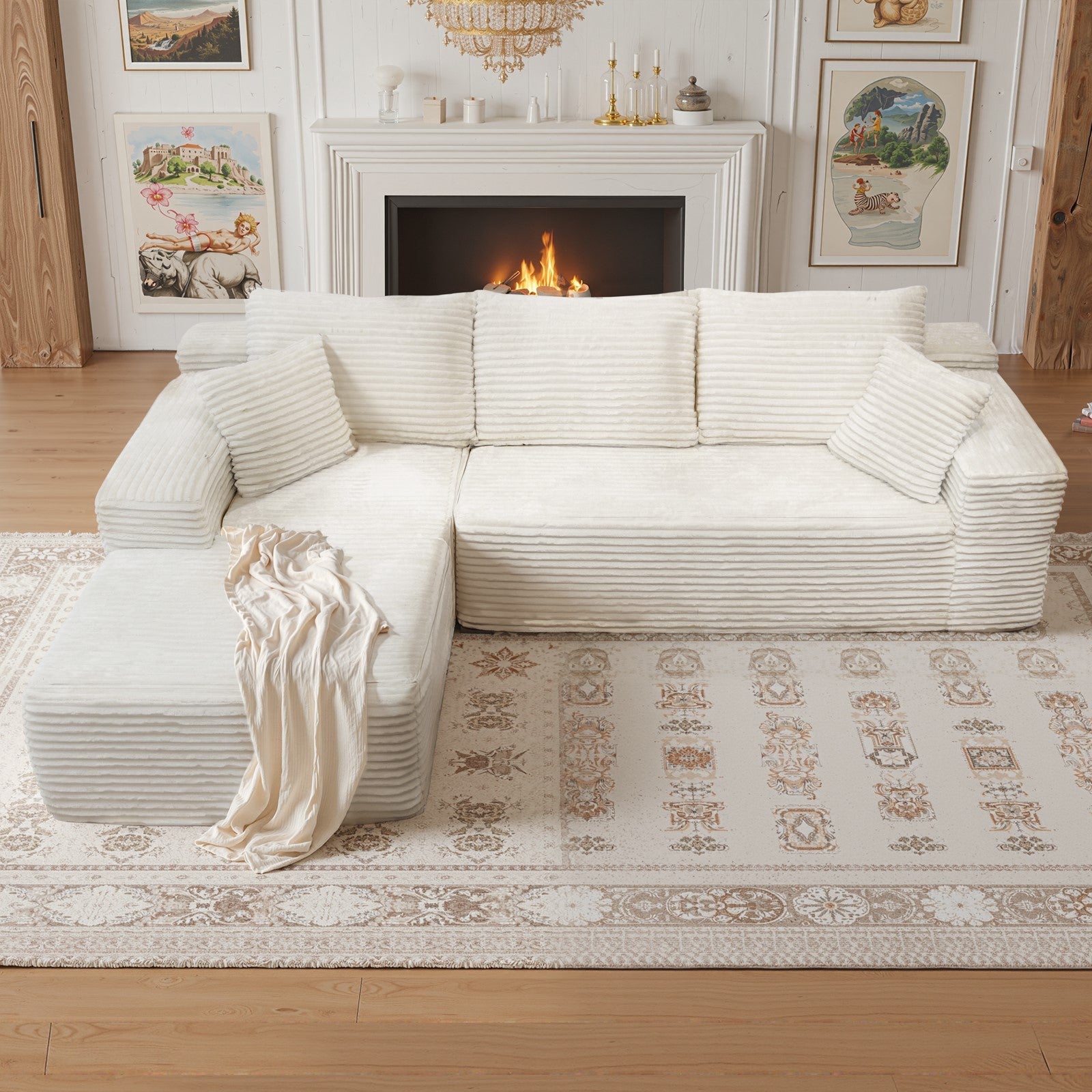 Kelyda 105" Modular L-Shaped Cloud Sofa, Plush Boneless Sectional with Deep Seats Chaise Corduroy Fabric