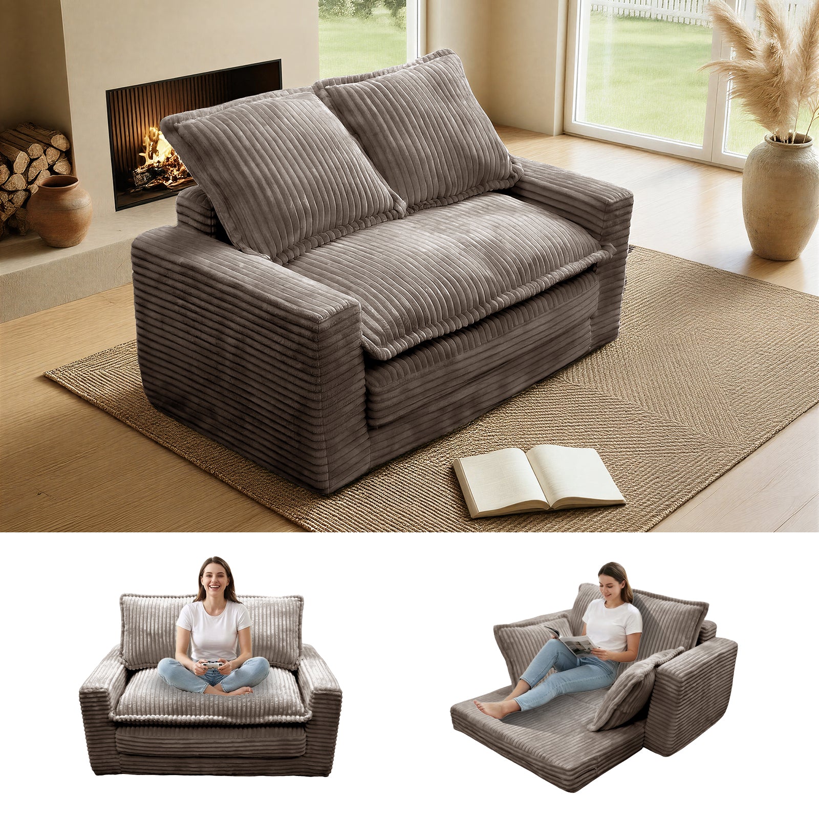 Kelyda Convertible Sofa Bed, 2 in 1 Modern Cloud Boneless Sofa Bed Loveseat Couch Sleeper Chairs for Living Room Grey