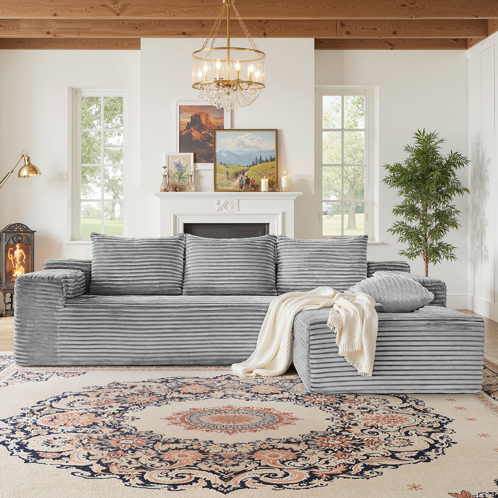Kelyda 105" Modular L-Shaped Cloud Sofa, Plush Boneless Sectional with Deep Seats Chaise Corduroy Fabric