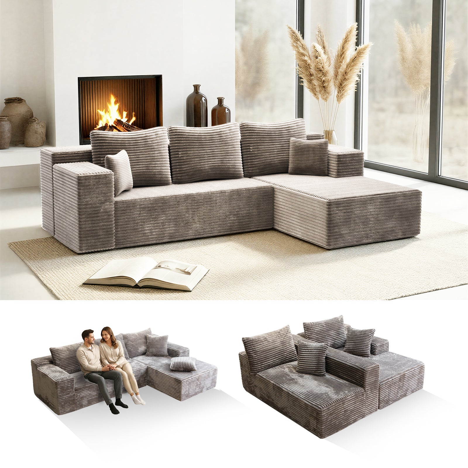 Kelyda 106" Boneless L-Shaped Modular Sectional Sofa, Faux Rabbit Fur for Living Room
