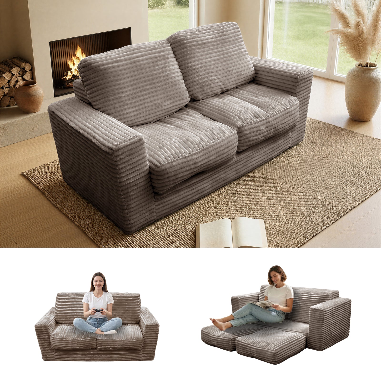 Kelyda 61''Boneless Loveseat Sofa, Modern Cloud Convertible Sofa Bed Couch Sleeper Chairs for Living Room Beige