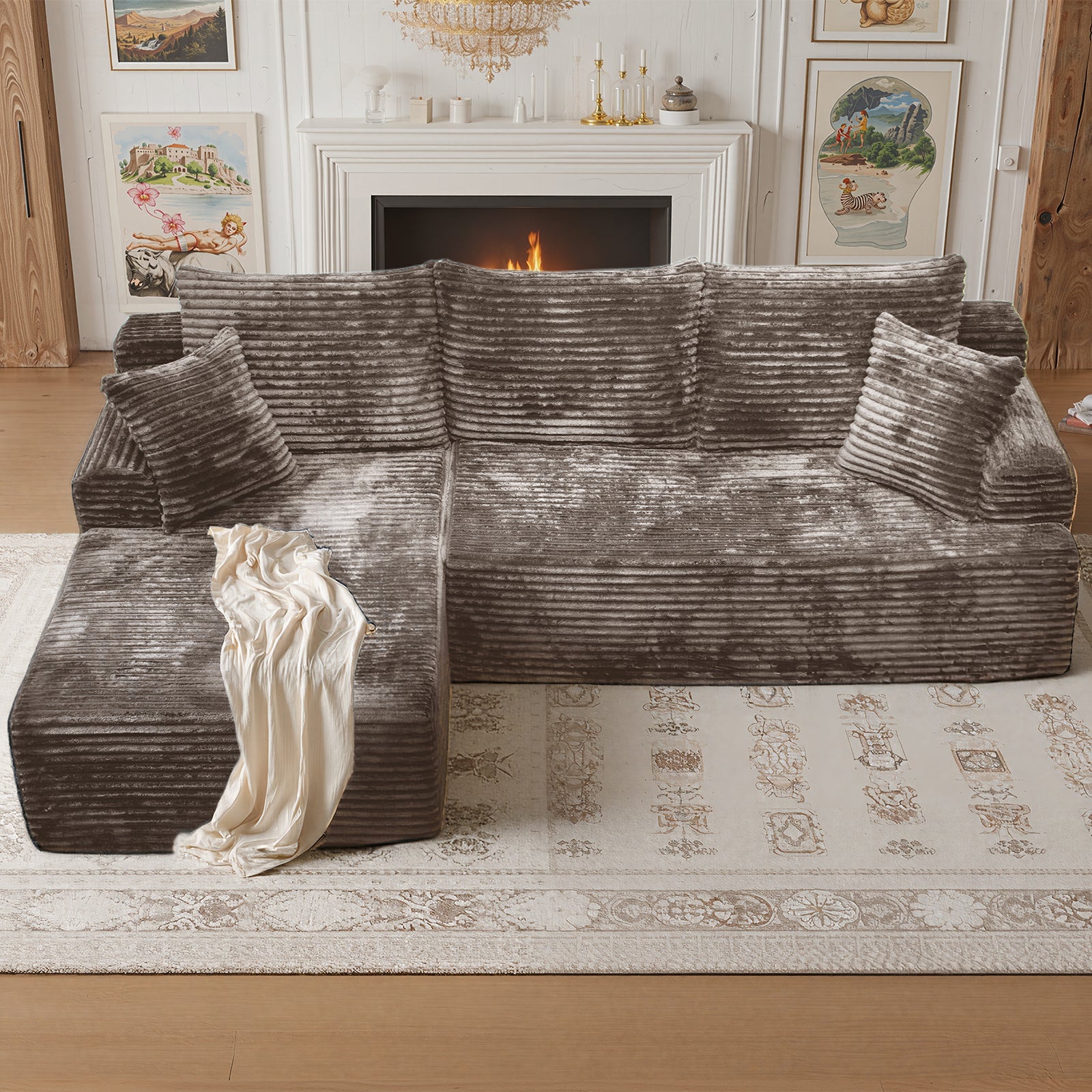 Kelyda 105" Modular L-Shaped Cloud Sofa, Plush Boneless Sectional with Deep Seats Chaise Corduroy Fabric
