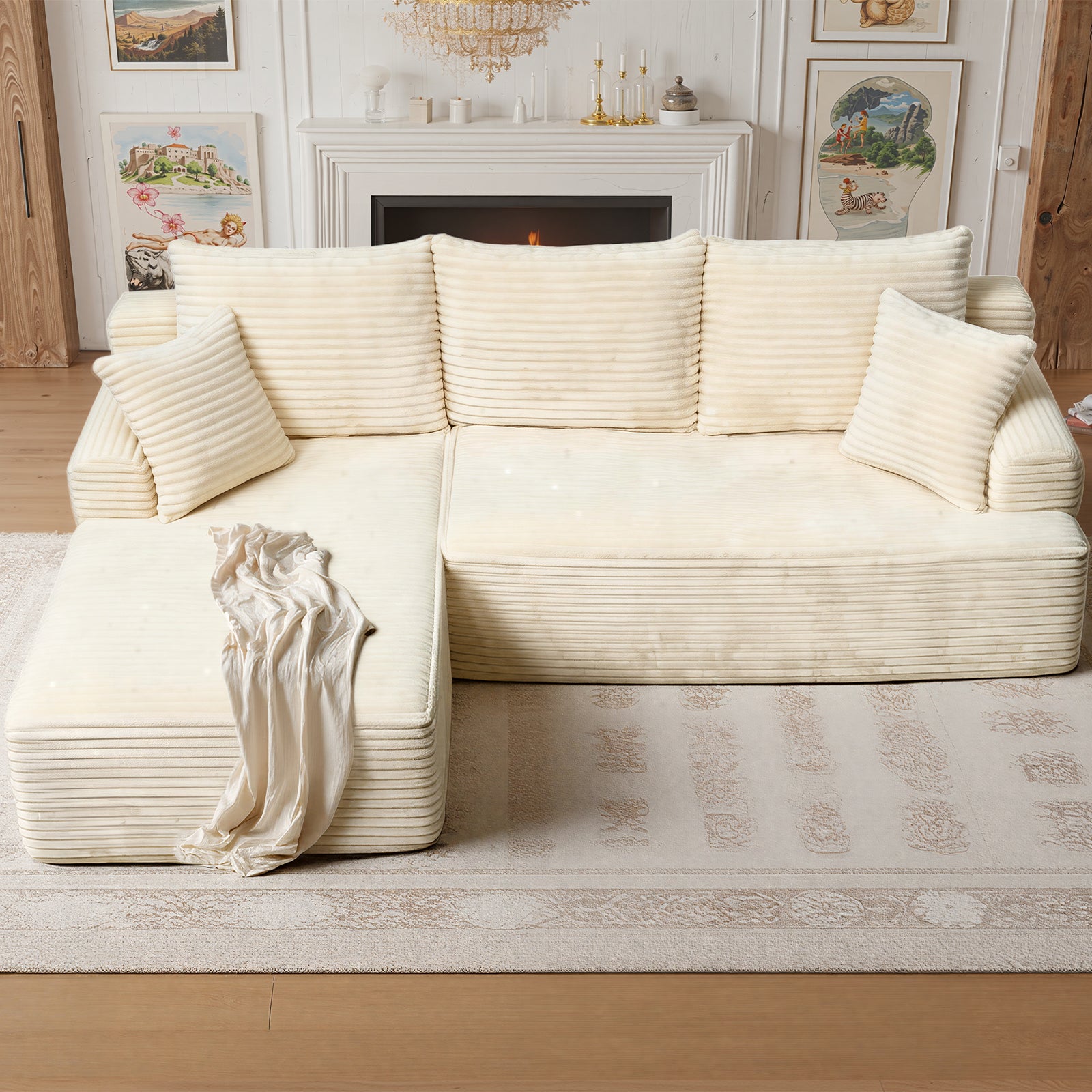 Kelyda 105" Modular L-Shaped Cloud Sofa, Plush Boneless Sectional with Deep Seats Chaise Corduroy Fabric