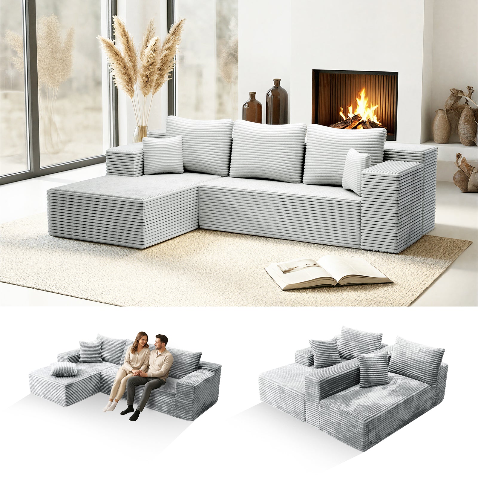 Kelyda 106" Boneless L-Shaped Modular Sectional Sofa, Faux Rabbit Fur for Living Room
