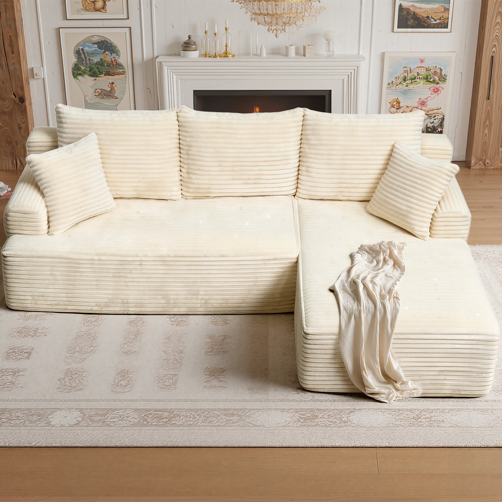 Kelyda 105" Modular L-Shaped Cloud Sofa, Plush Boneless Sectional with Deep Seats Chaise Corduroy Fabric