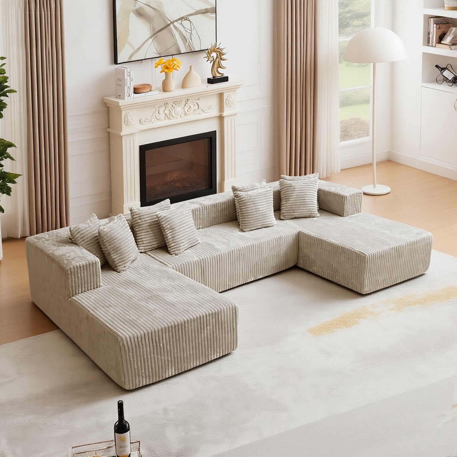 Kelyda 132 Inch Modular Sectional Sleeper Sofa, Modern U Shaped Fuax Fur Boneless Cloud Couch for Living Room