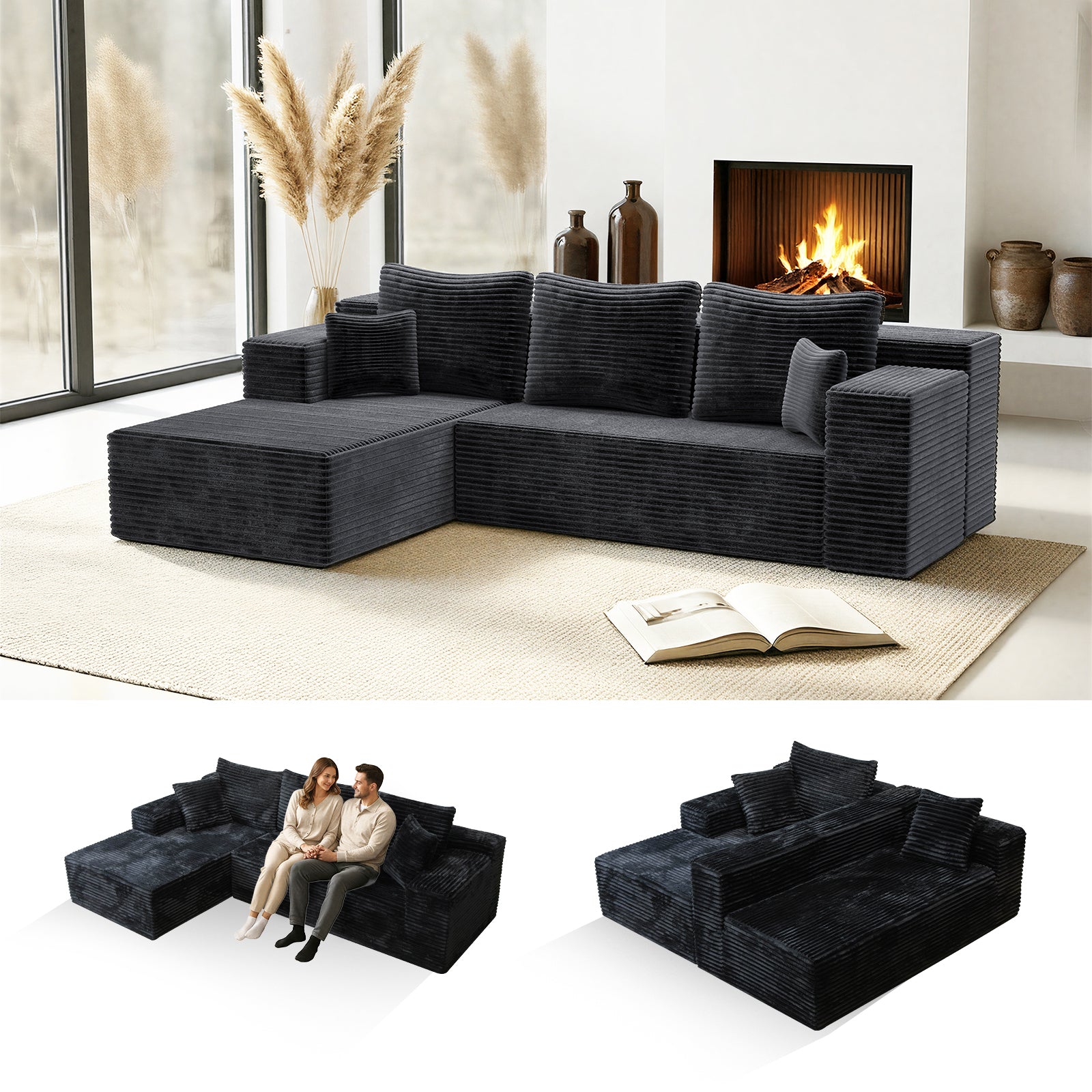 Kelyda 106" Boneless L-Shaped Modular Sectional Sofa, Faux Rabbit Fur for Living Room