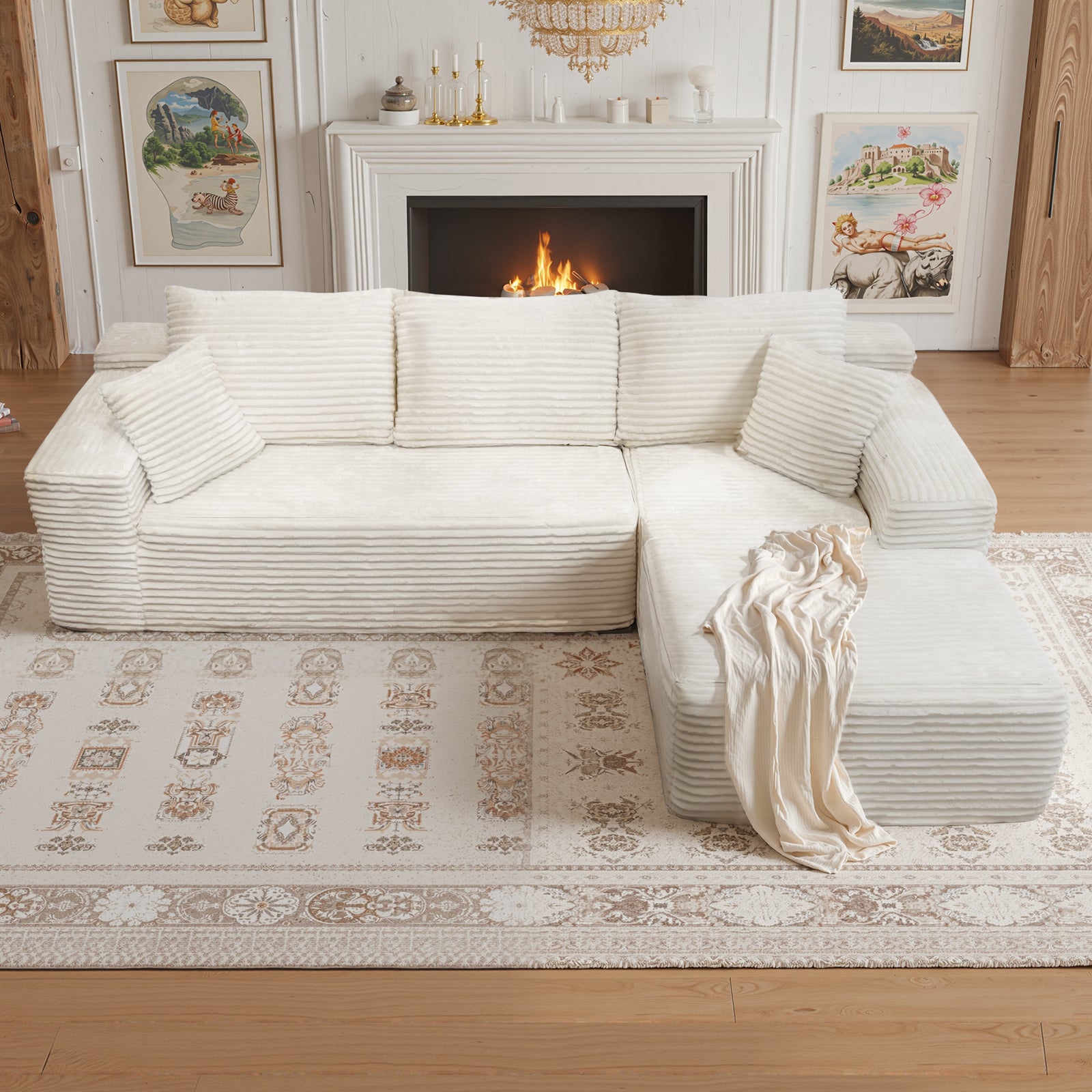 Kelyda 105" Modular L-Shaped Cloud Sofa, Plush Boneless Sectional with Deep Seats Chaise Corduroy Fabric