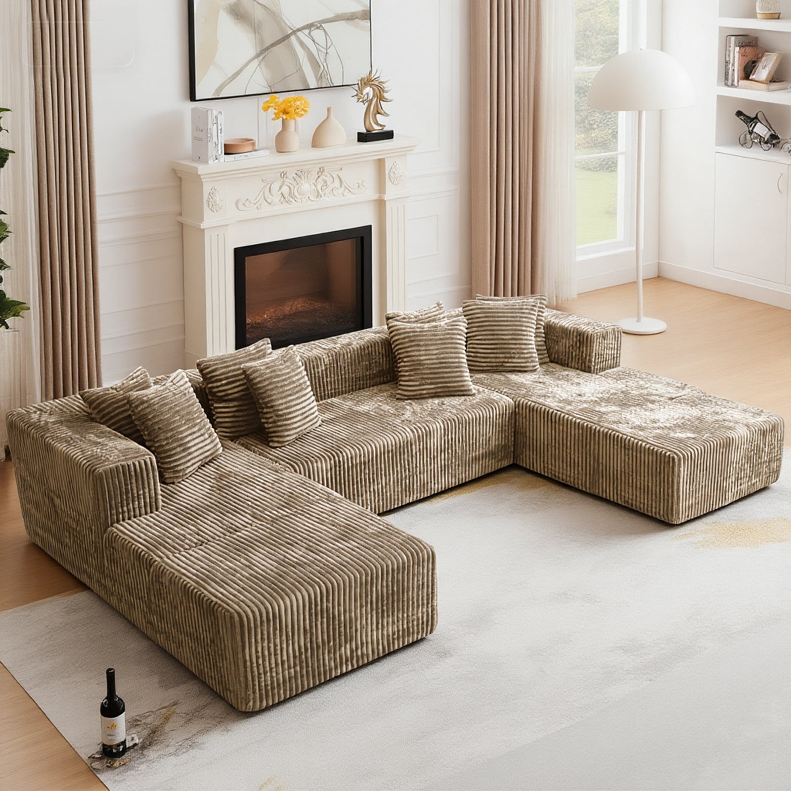 Kelyda 132 Inch Modular Sectional Sleeper Sofa, Modern U Shaped Fuax Fur Boneless Cloud Couch for Living Room