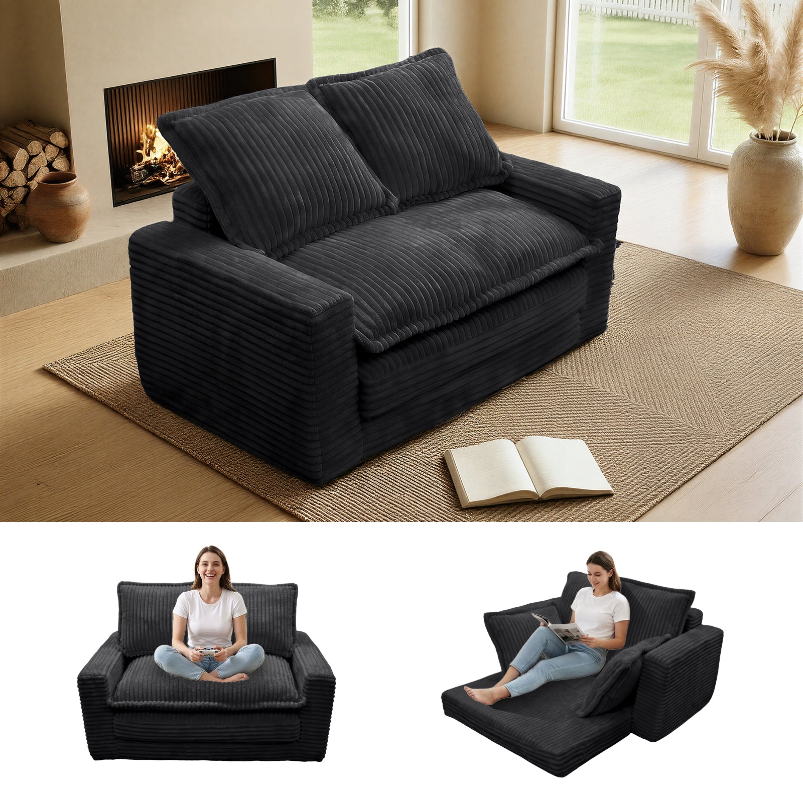 Kelyda Convertible Sofa Bed, 2 in 1 Modern Cloud Boneless Sofa Bed Loveseat Couch Sleeper Chairs for Living Room Grey