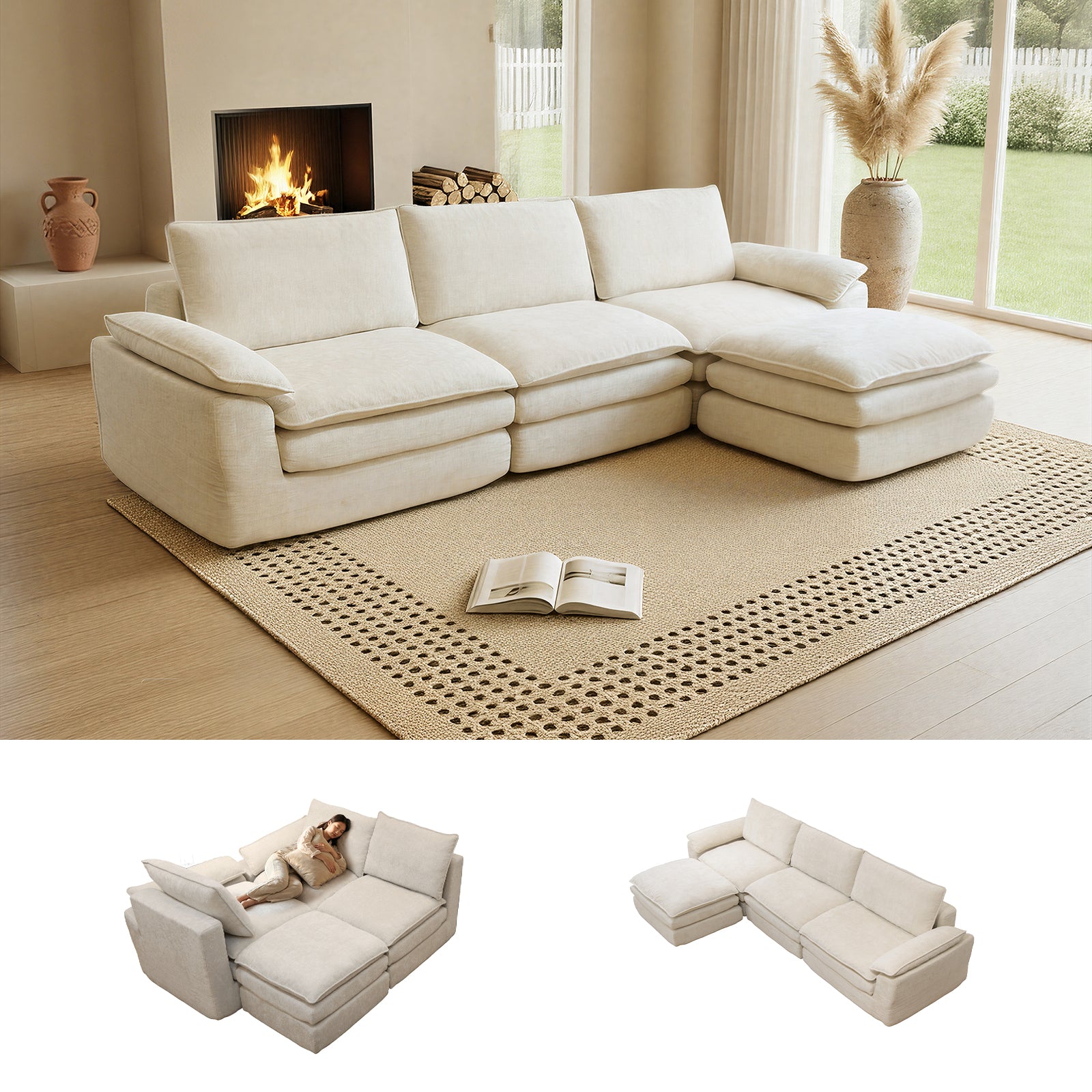 Kelyda 116'' Cloud Sectional Couches L Shaped, Modern Convertible Modular Cloud Chenille Sofa for Living Room
