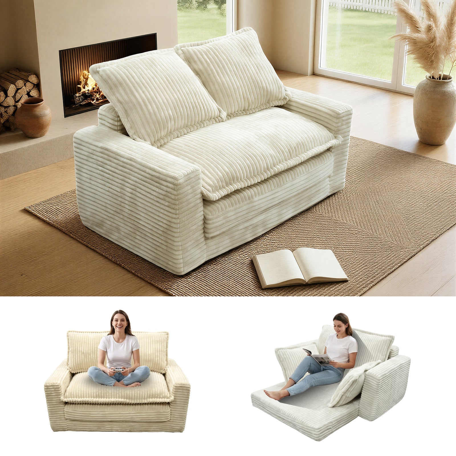 Kelyda Convertible Sofa Bed, 2 in 1 Modern Cloud Boneless Sofa Bed Loveseat Couch Sleeper Chairs for Living Room Grey