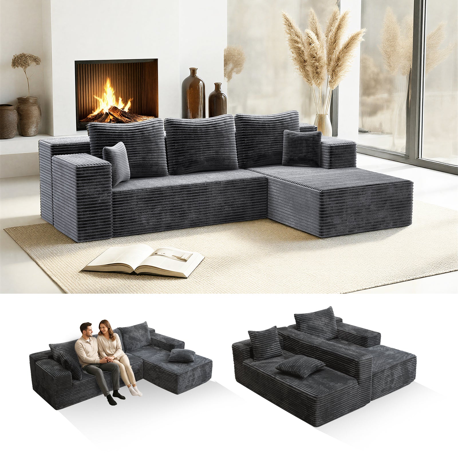 Kelyda 106" Boneless L-Shaped Modular Sectional Sofa, Faux Rabbit Fur for Living Room