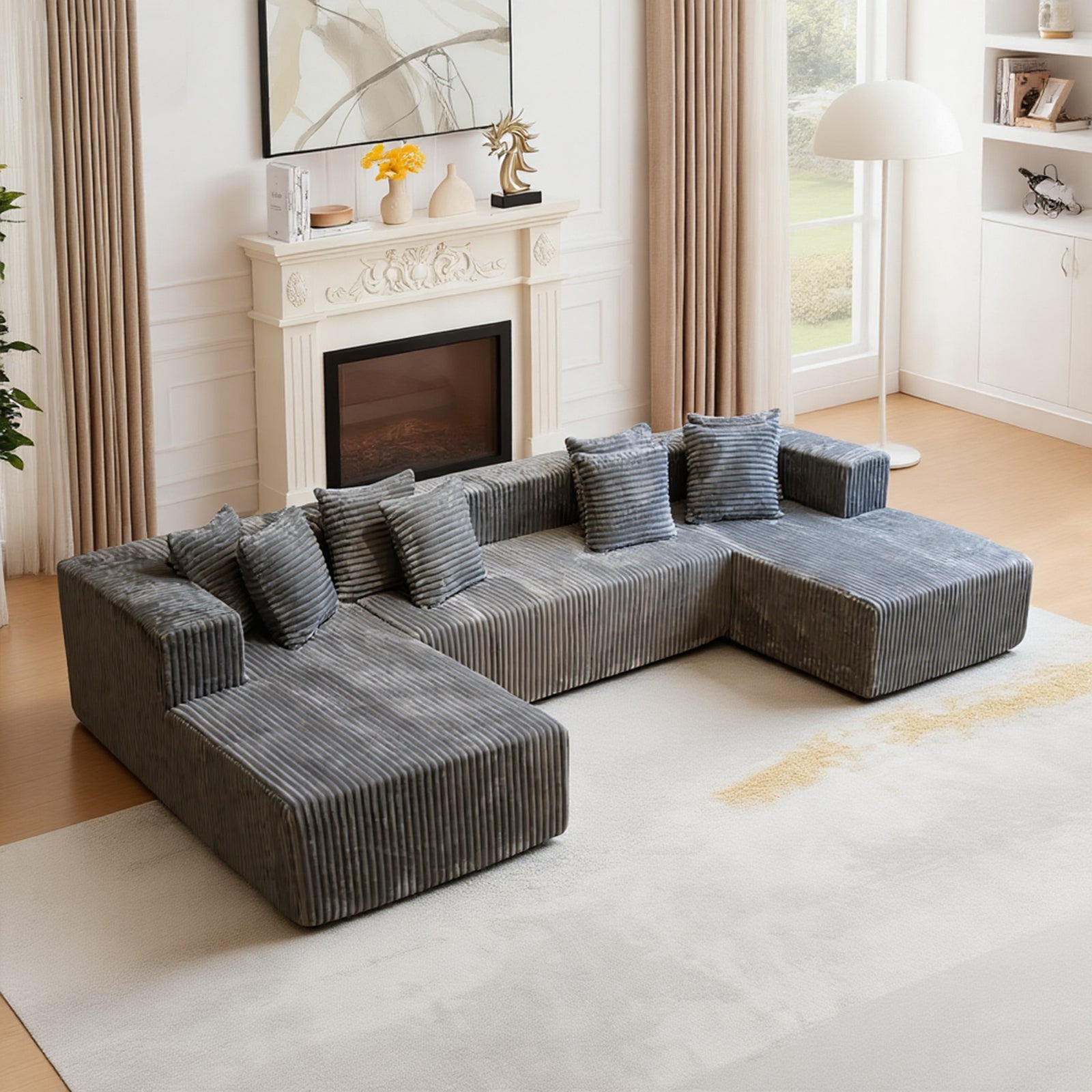 Kelyda 132 Inch Modular Sectional Sleeper Sofa, Modern U Shaped Fuax Fur Boneless Cloud Couch for Living Room