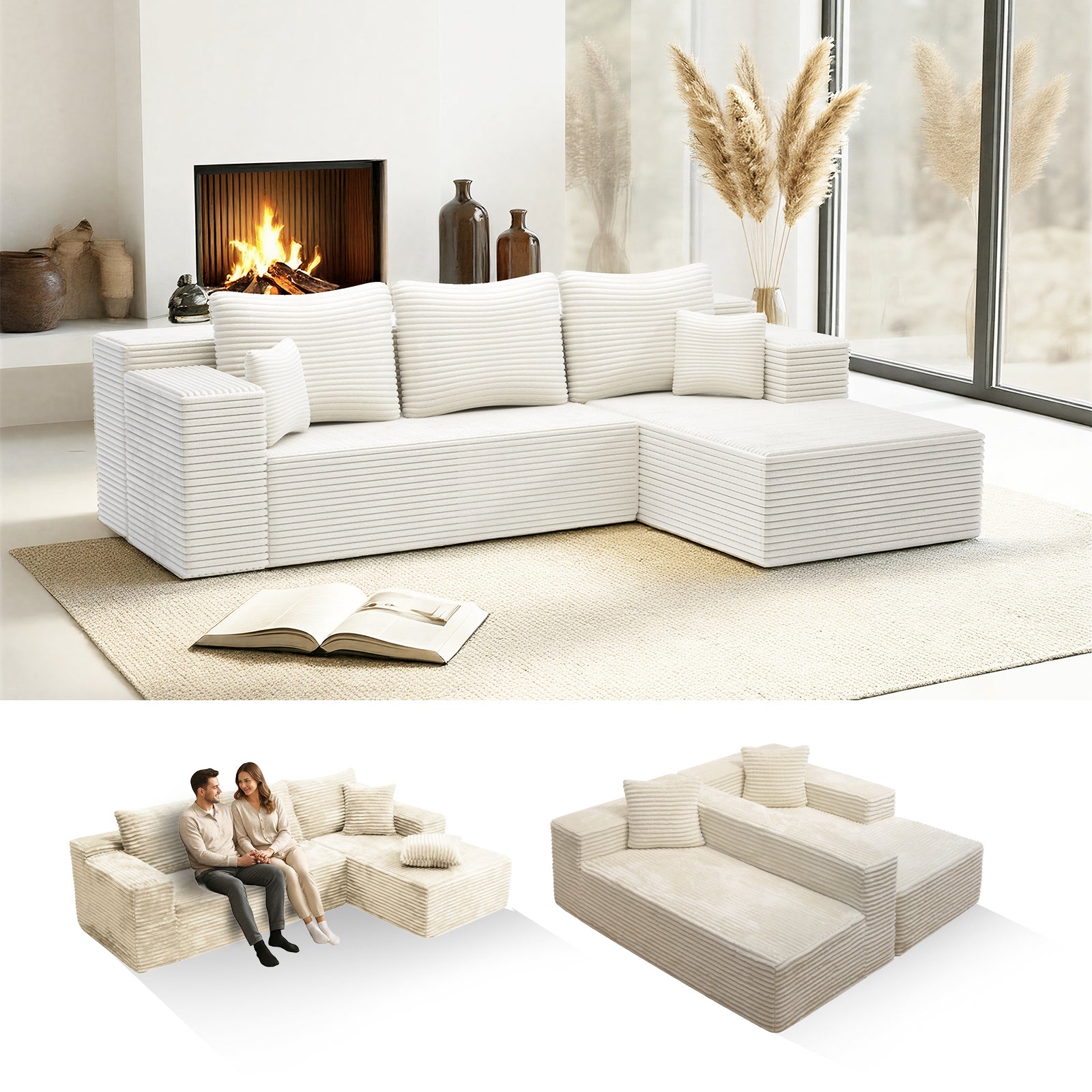 Kelyda 106" Boneless L-Shaped Modular Sectional Sofa, Faux Rabbit Fur for Living Room