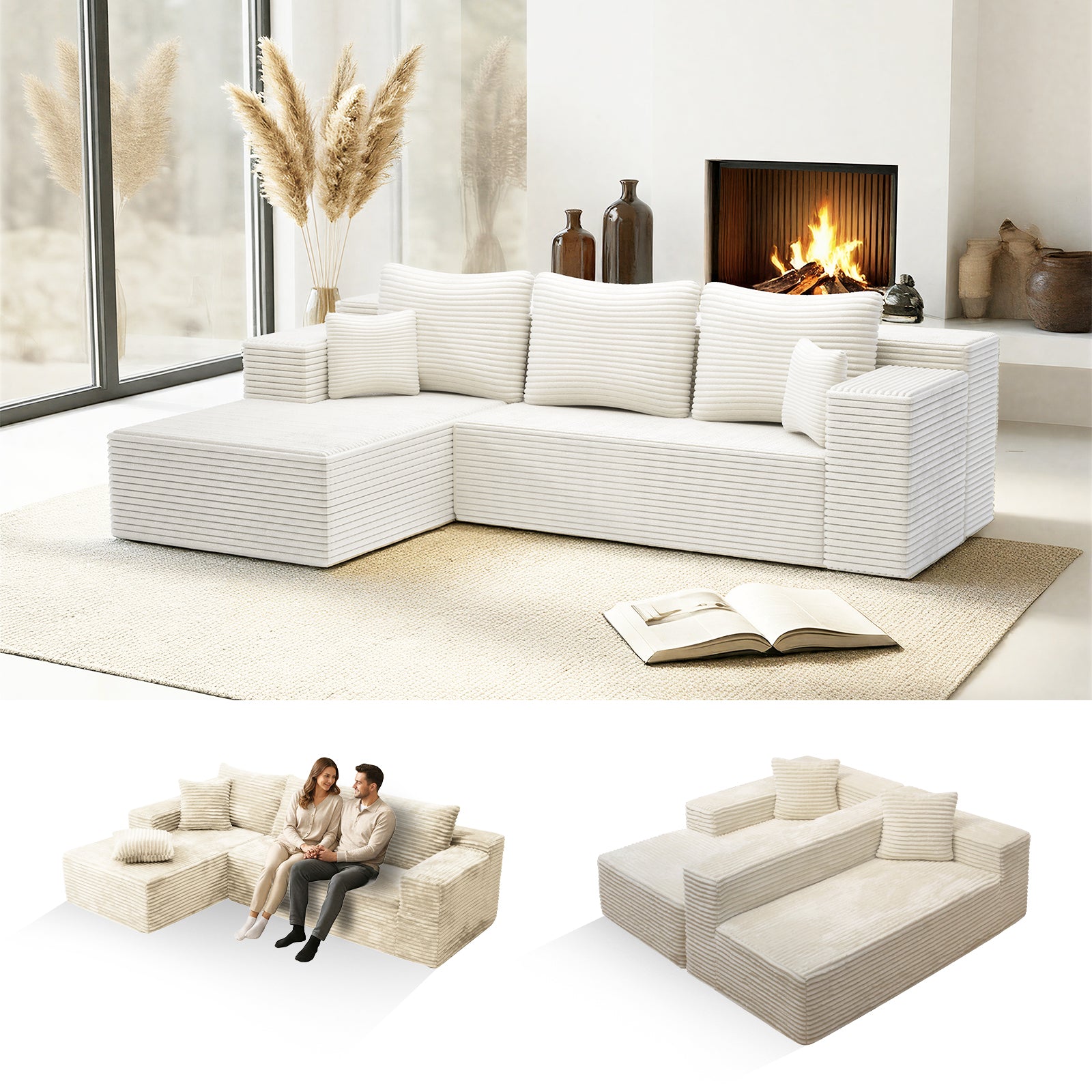 Kelyda 106" Boneless L-Shaped Modular Sectional Sofa, Faux Rabbit Fur for Living Room