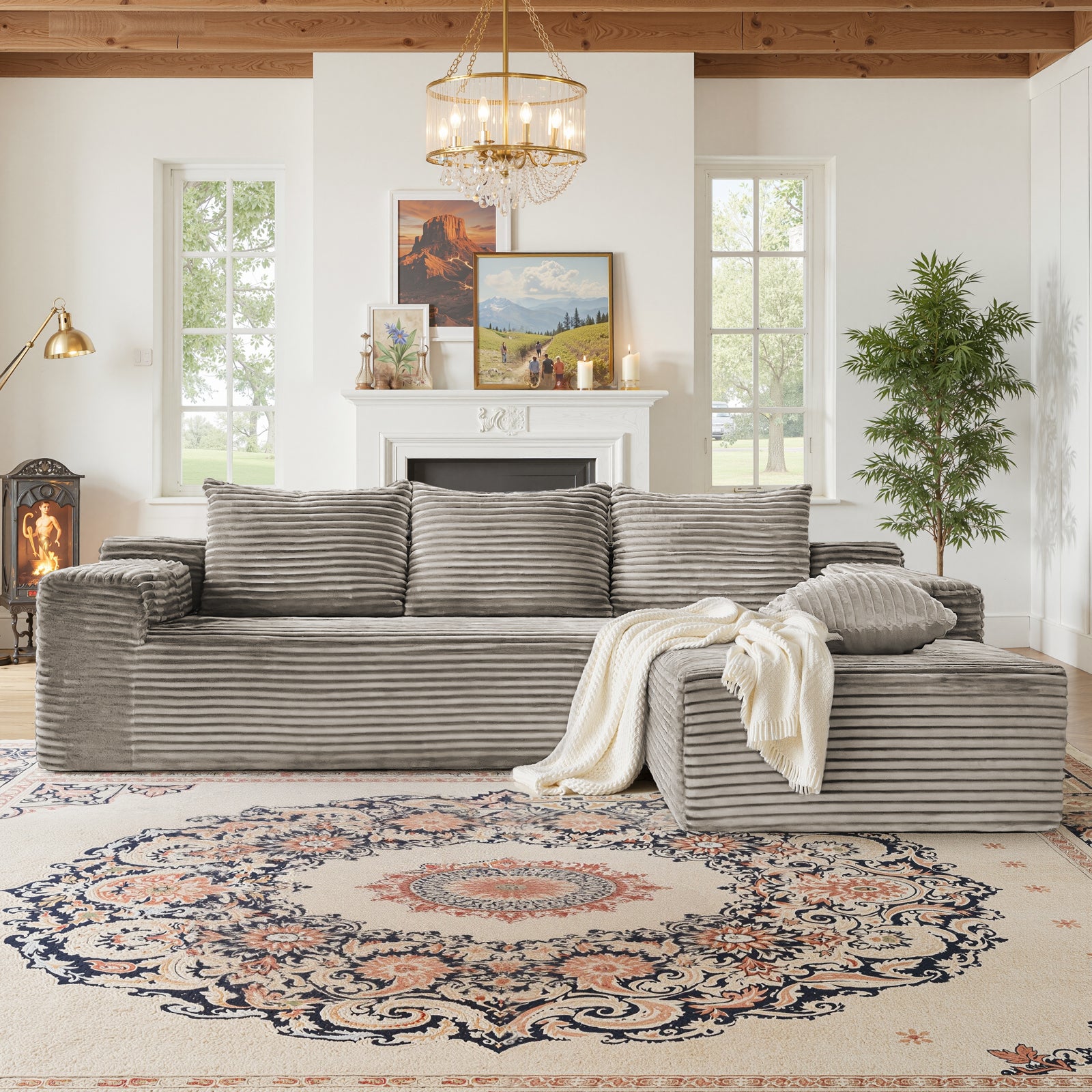 Kelyda 105" Modular L-Shaped Cloud Sofa, Plush Boneless Sectional with Deep Seats Chaise Corduroy Fabric
