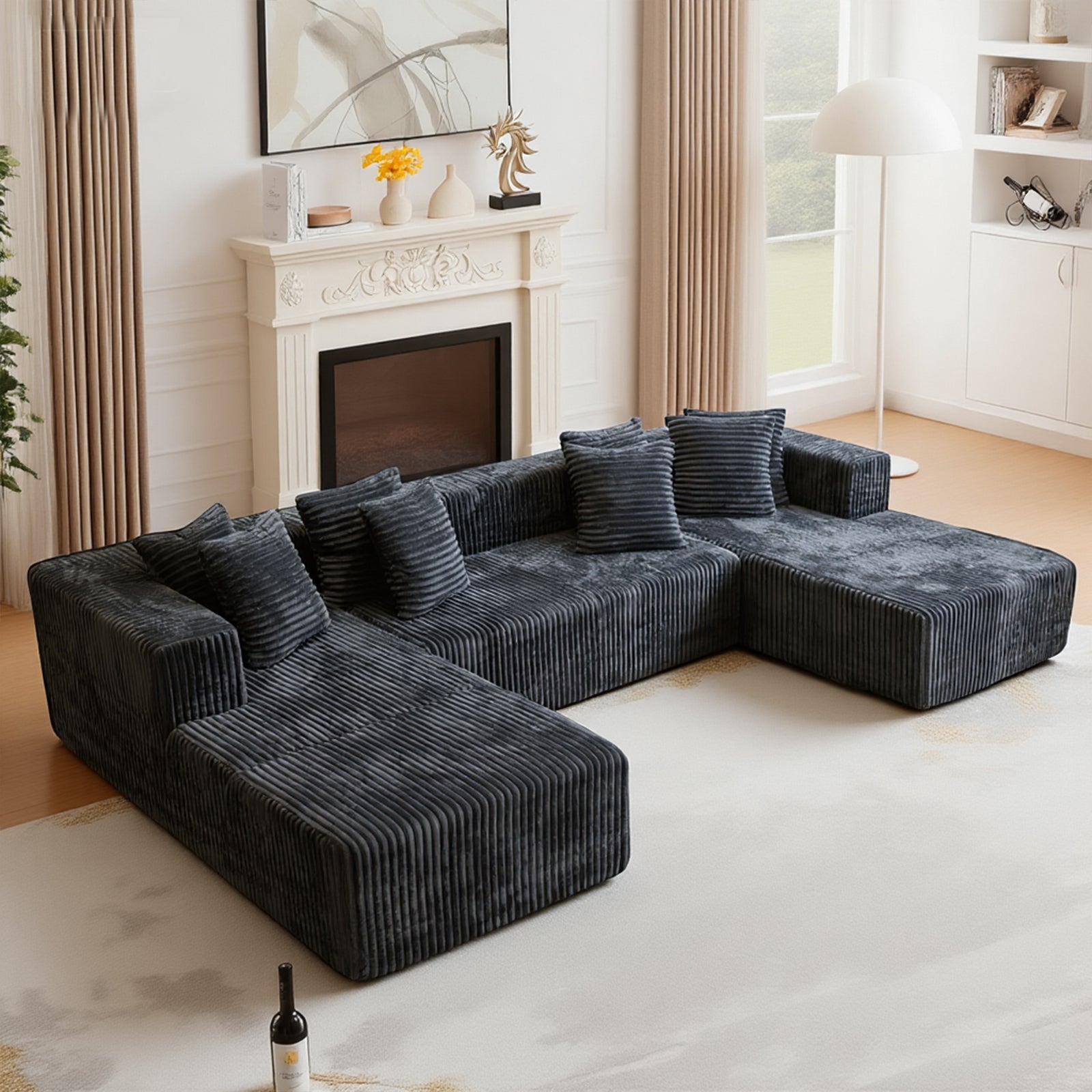 Kelyda 132 Inch Modular Sectional Sleeper Sofa, Modern U Shaped Fuax Fur Boneless Cloud Couch for Living Room