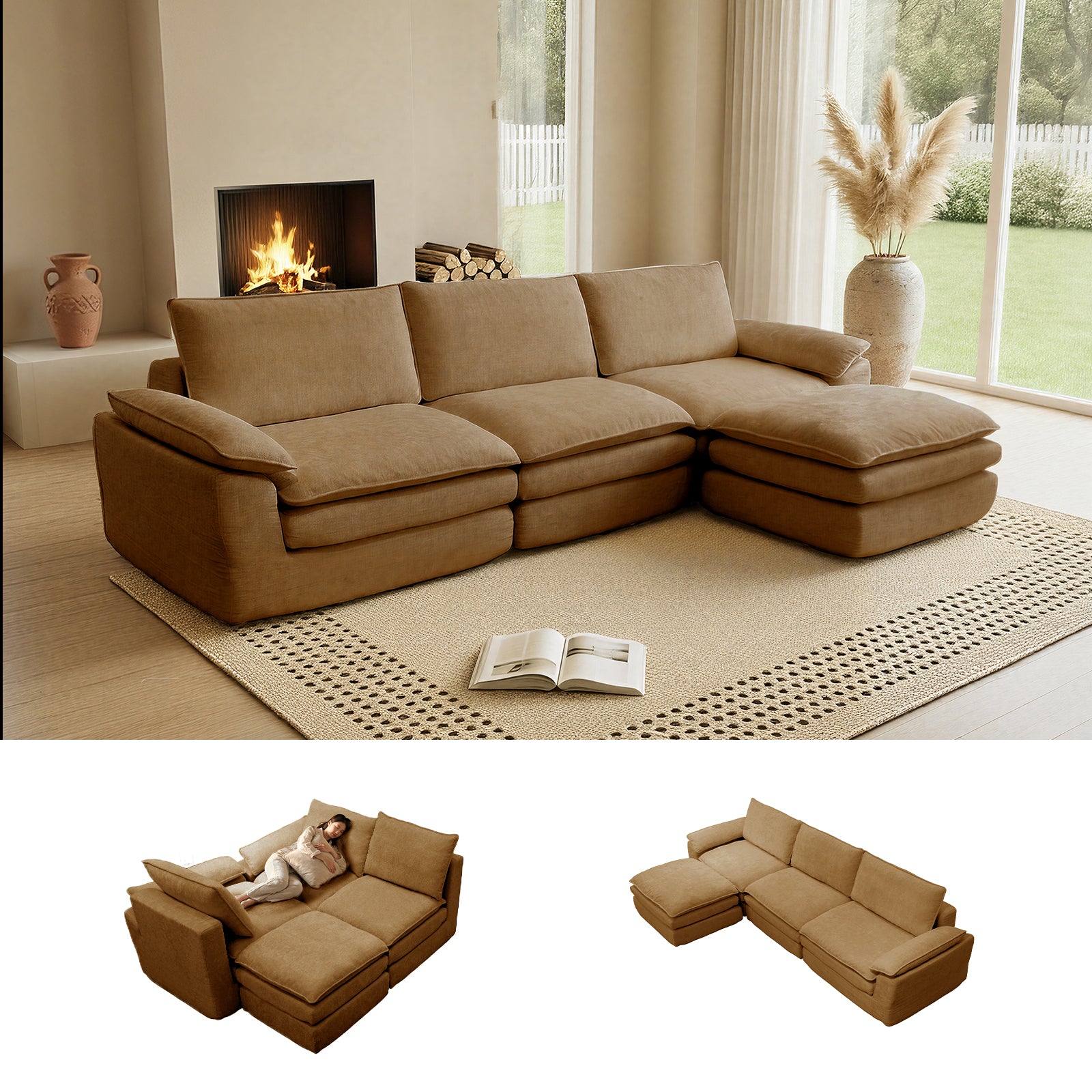 Kelyda 116'' Cloud Sectional Couches L Shaped, Modern Convertible Modular Cloud Chenille Sofa for Living Room