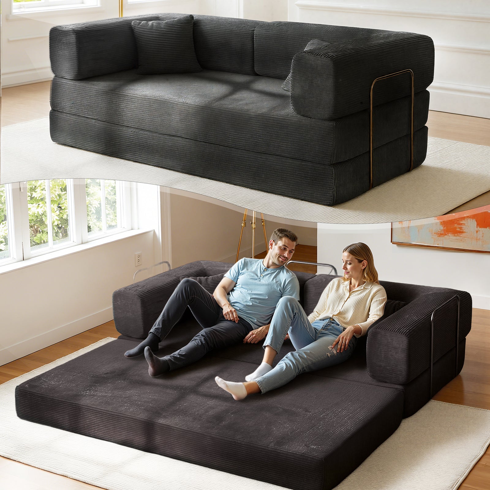 Kelyda Convertible Sofa Bed 5-in-1 Split-Back Lounger Floor Mattress Design 79" Black