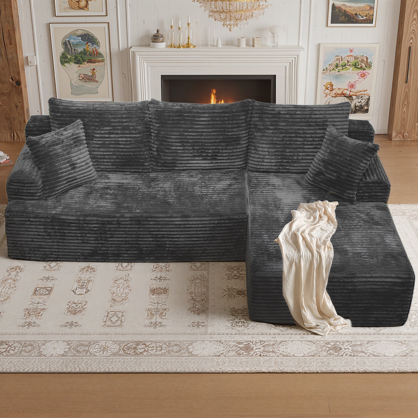 Kelyda 105" Modular L-Shaped Cloud Sofa, Plush Boneless Sectional with Deep Seats Chaise Corduroy Fabric
