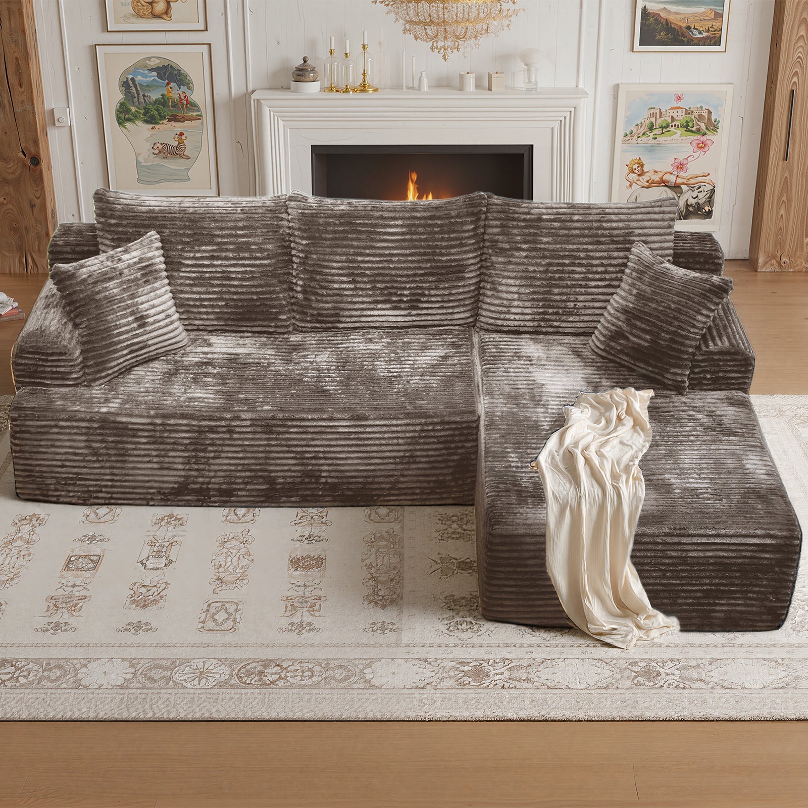 Kelyda 105" Modular L-Shaped Cloud Sofa, Plush Boneless Sectional with Deep Seats Chaise Corduroy Fabric