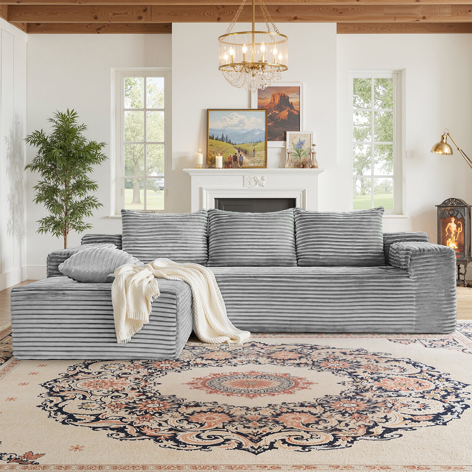 Kelyda 105" Modular L-Shaped Cloud Sofa, Plush Boneless Sectional with Deep Seats Chaise Corduroy Fabric