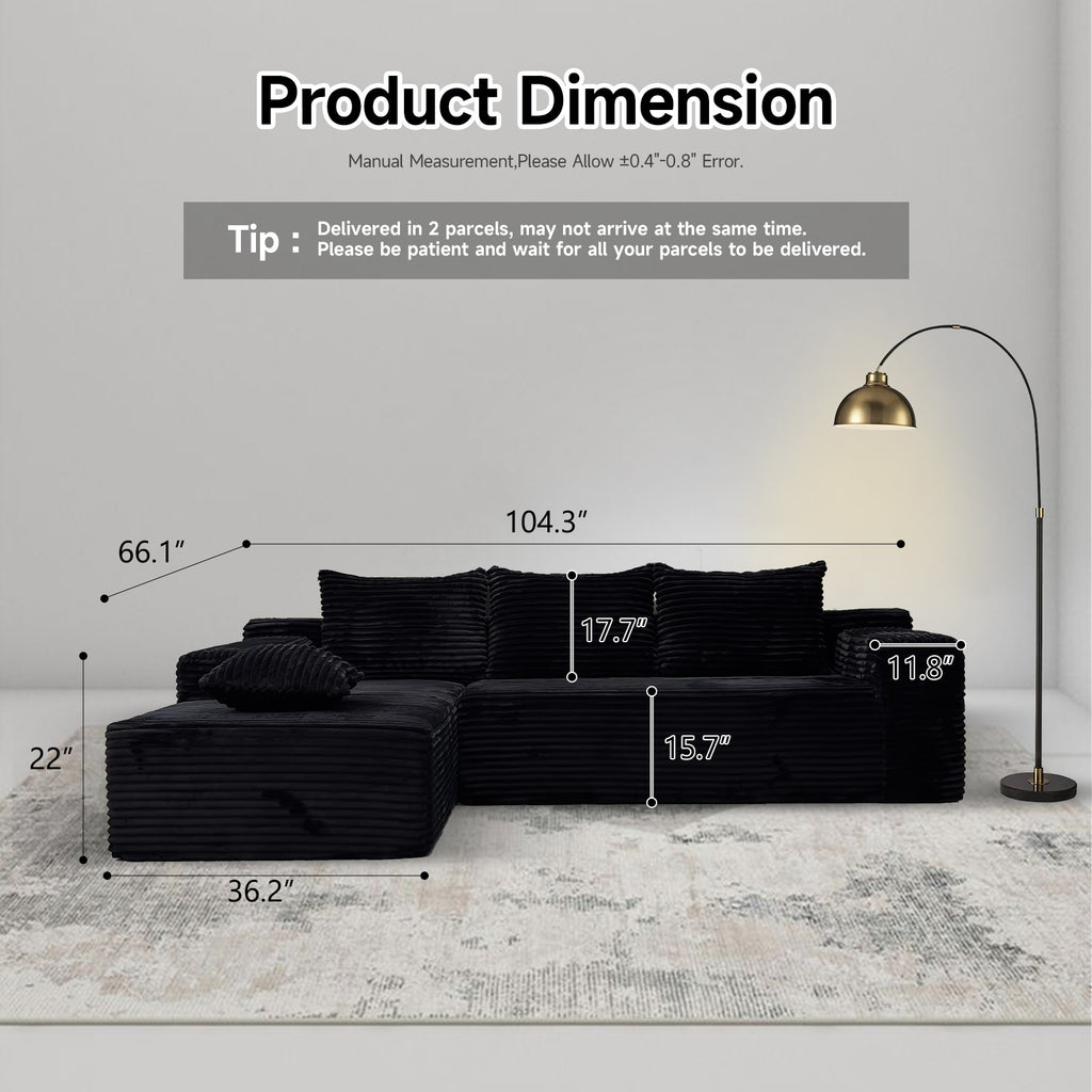 Kelyda 104'' Modular L-Shaped Sectional Sofa, Modern Memory Foam Deep Seat Corduroy Boneless Cloud Couch
