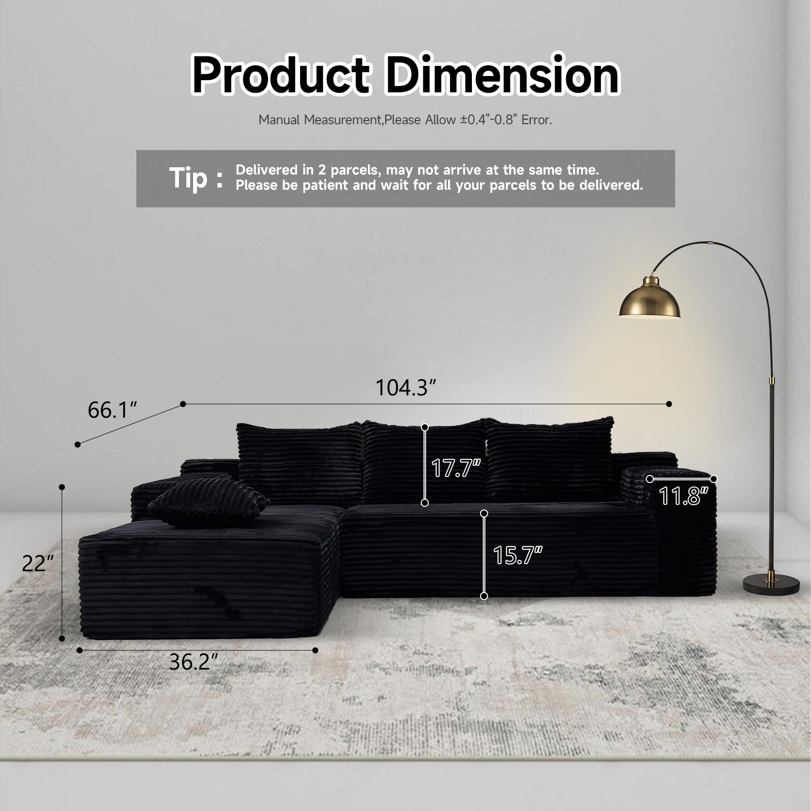 Kelyda 104'' Modular L-Shaped Sectional Sofa, Modern Memory Foam Deep Seat Corduroy Boneless Cloud Couch