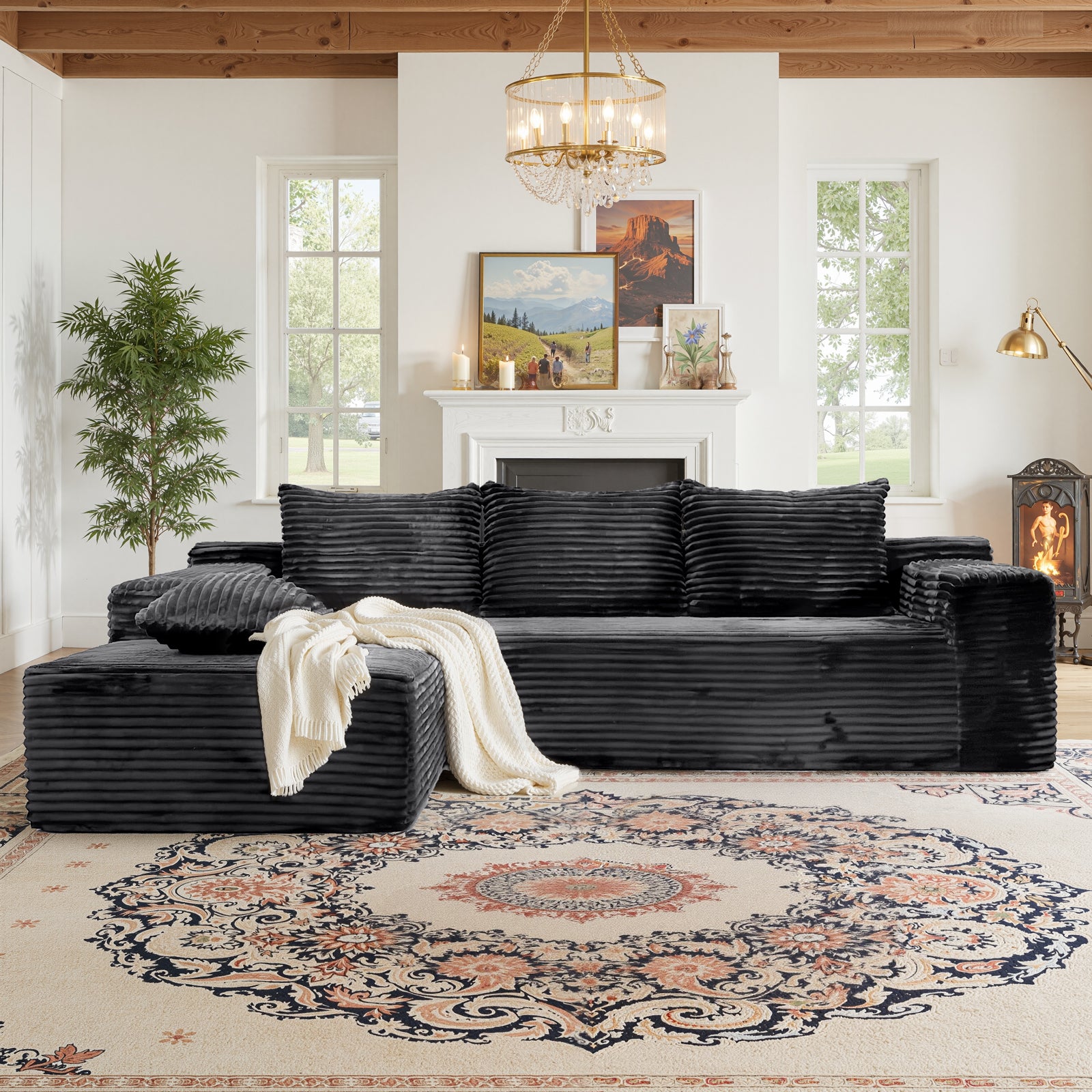 Kelyda 105" Modular L-Shaped Cloud Sofa, Plush Boneless Sectional with Deep Seats Chaise Corduroy Fabric
