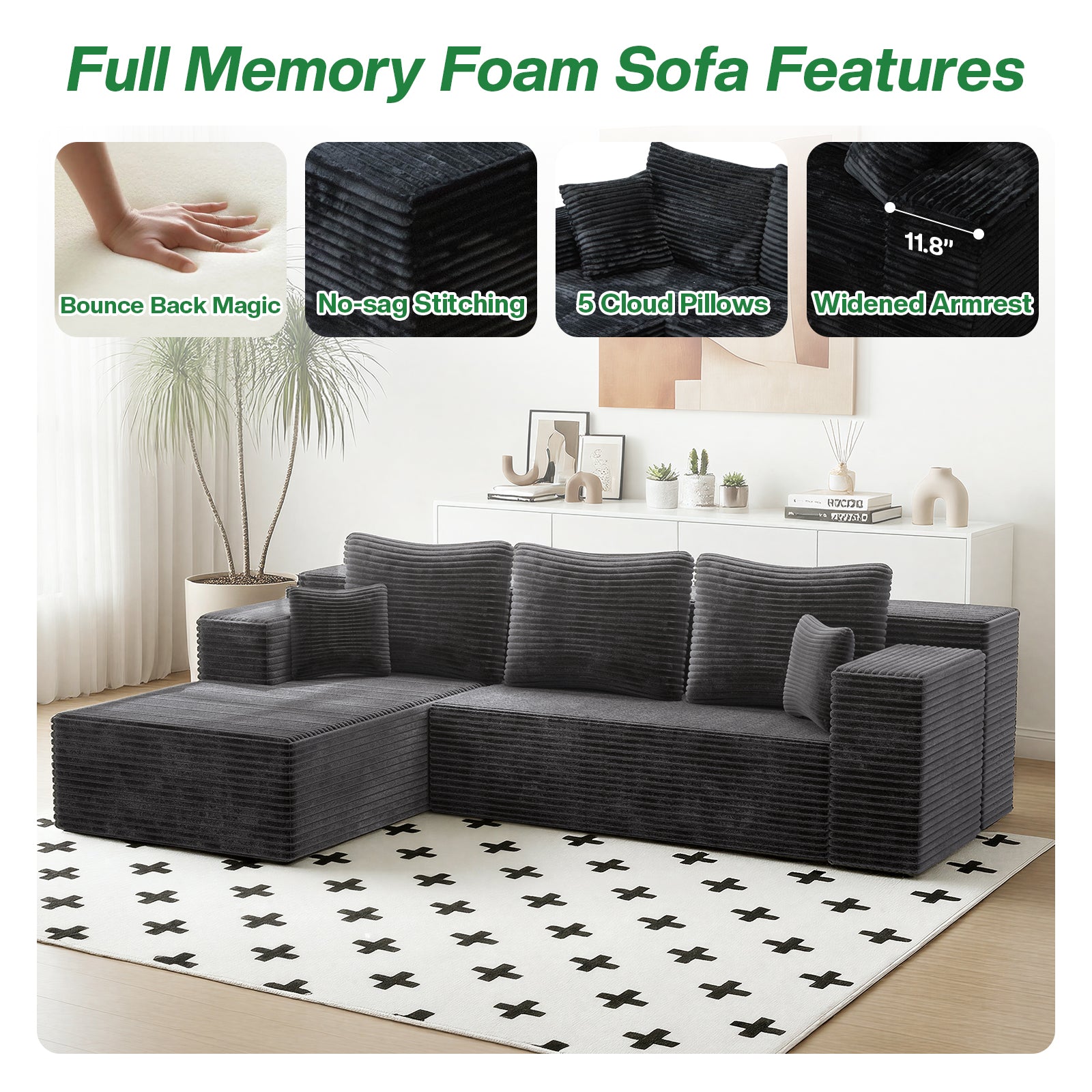 Kelyda 106" Boneless L-Shaped Modular Sectional Sofa, Faux Rabbit Fur for Living Room