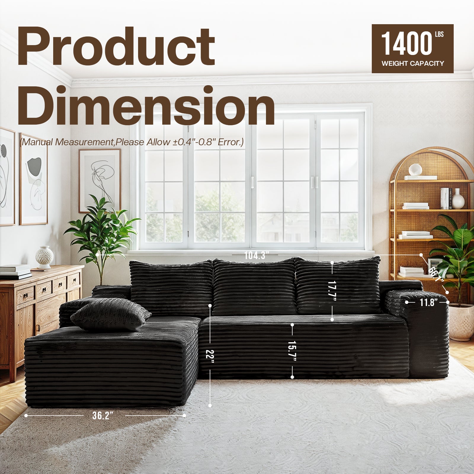 Kelyda 105" Modular L-Shaped Cloud Sofa, Plush Boneless Sectional with Deep Seats Chaise Corduroy Fabric