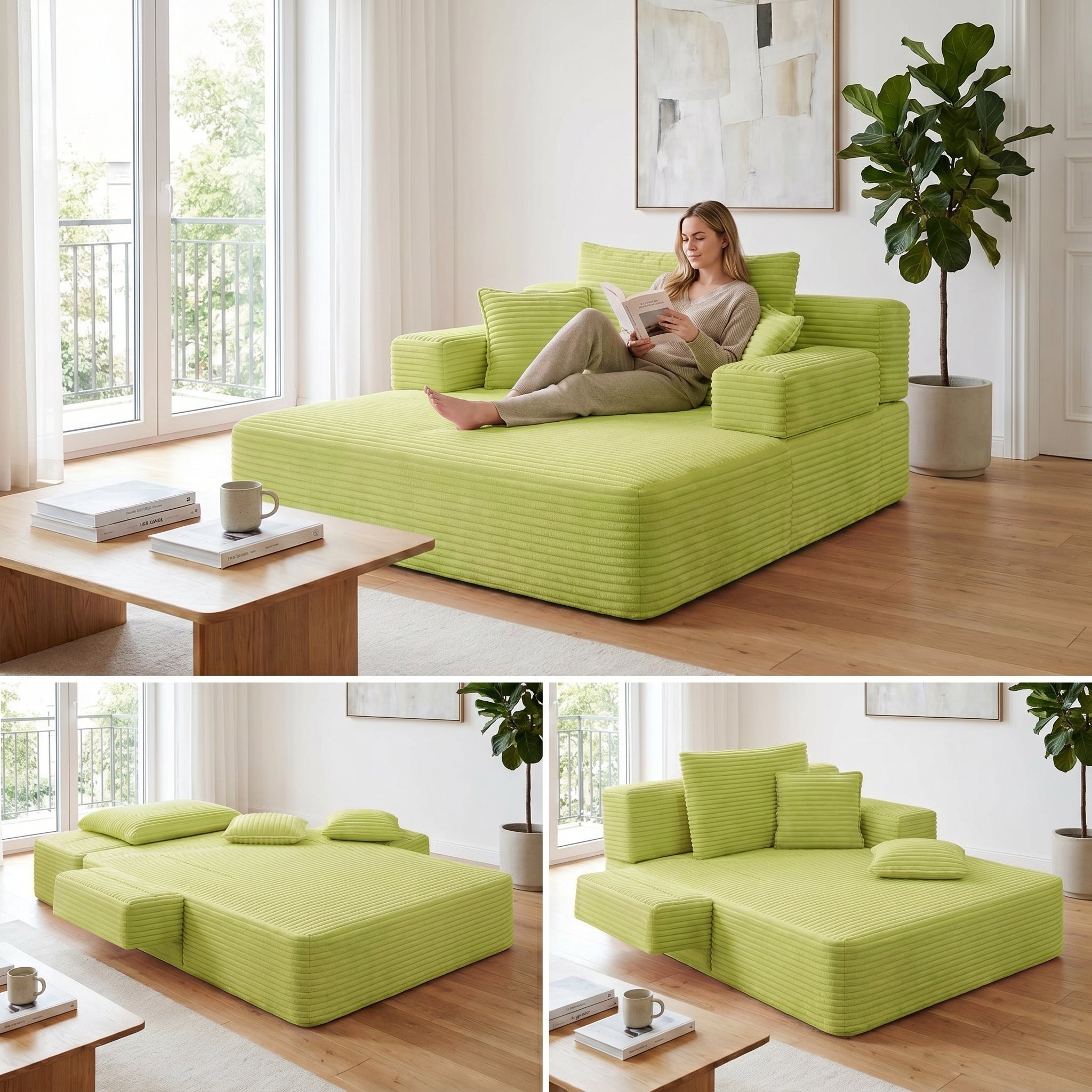 Kelyda Oversized Chaise Lounge Chair Indoor, Modern Boneless Convertible Corduroy Couch Loveseat Sofa Sleeper