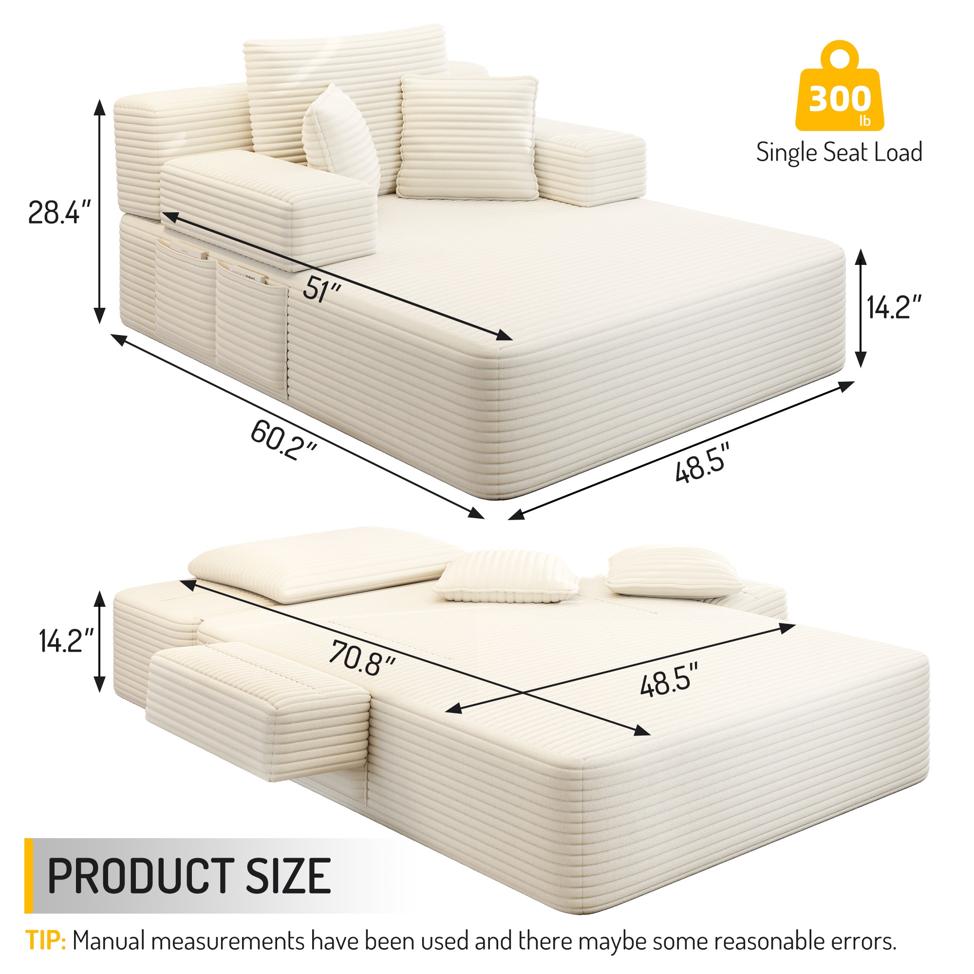 Kelyda Oversized Chaise Lounge Chair Indoor, Modern Boneless Convertible Corduroy Couch Loveseat Sofa Sleeper