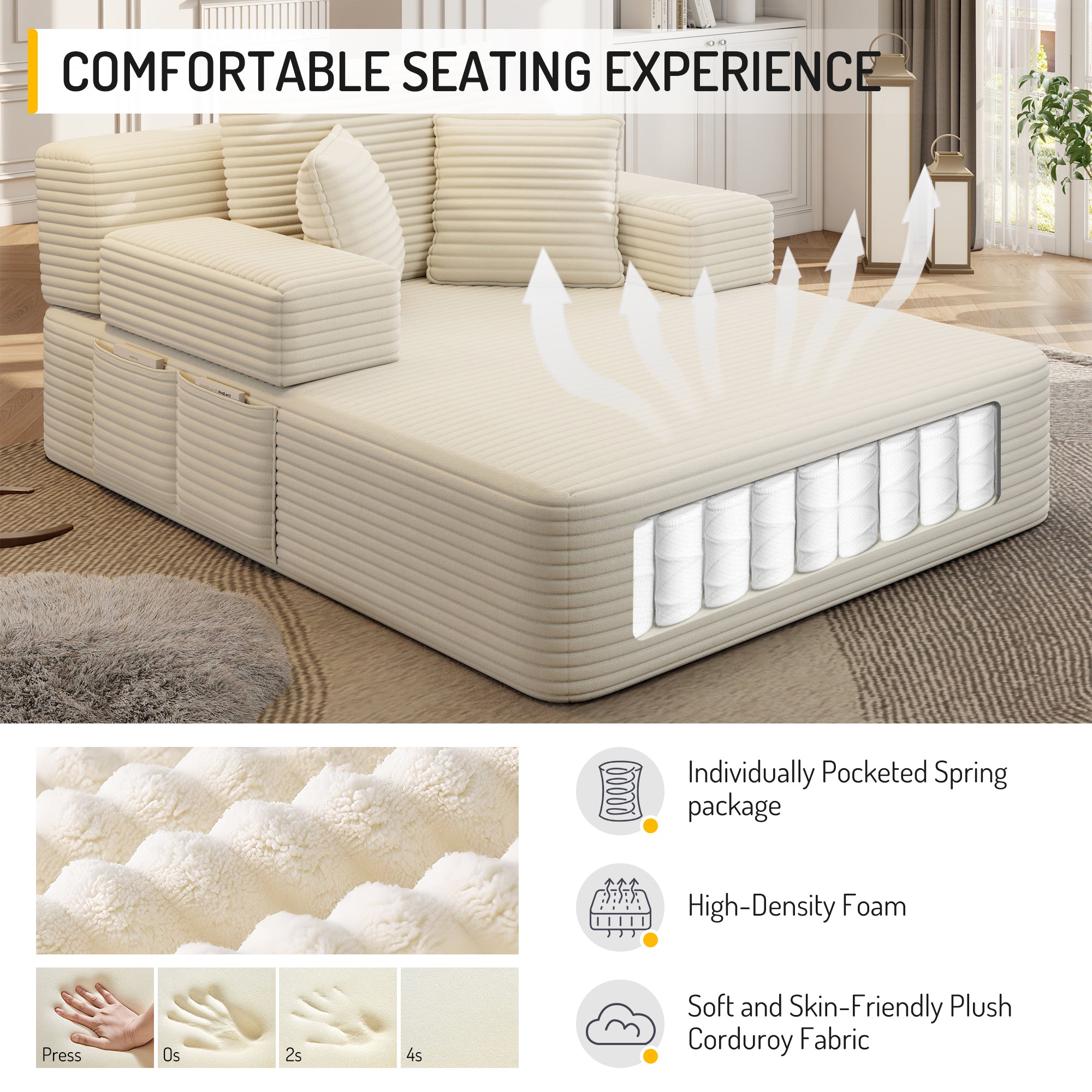 Kelyda Oversized Chaise Lounge Chair Indoor, Modern Boneless Convertible Corduroy Couch Loveseat Sofa Sleeper
