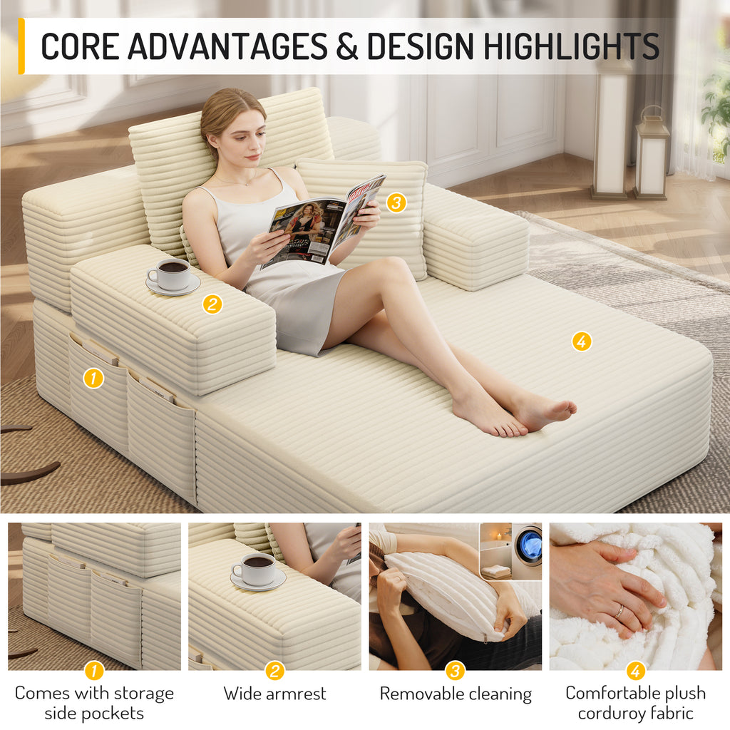 Kelyda Oversized Chaise Lounge Chair Indoor, Modern Boneless Convertible Corduroy Couch Loveseat Sofa Sleeper