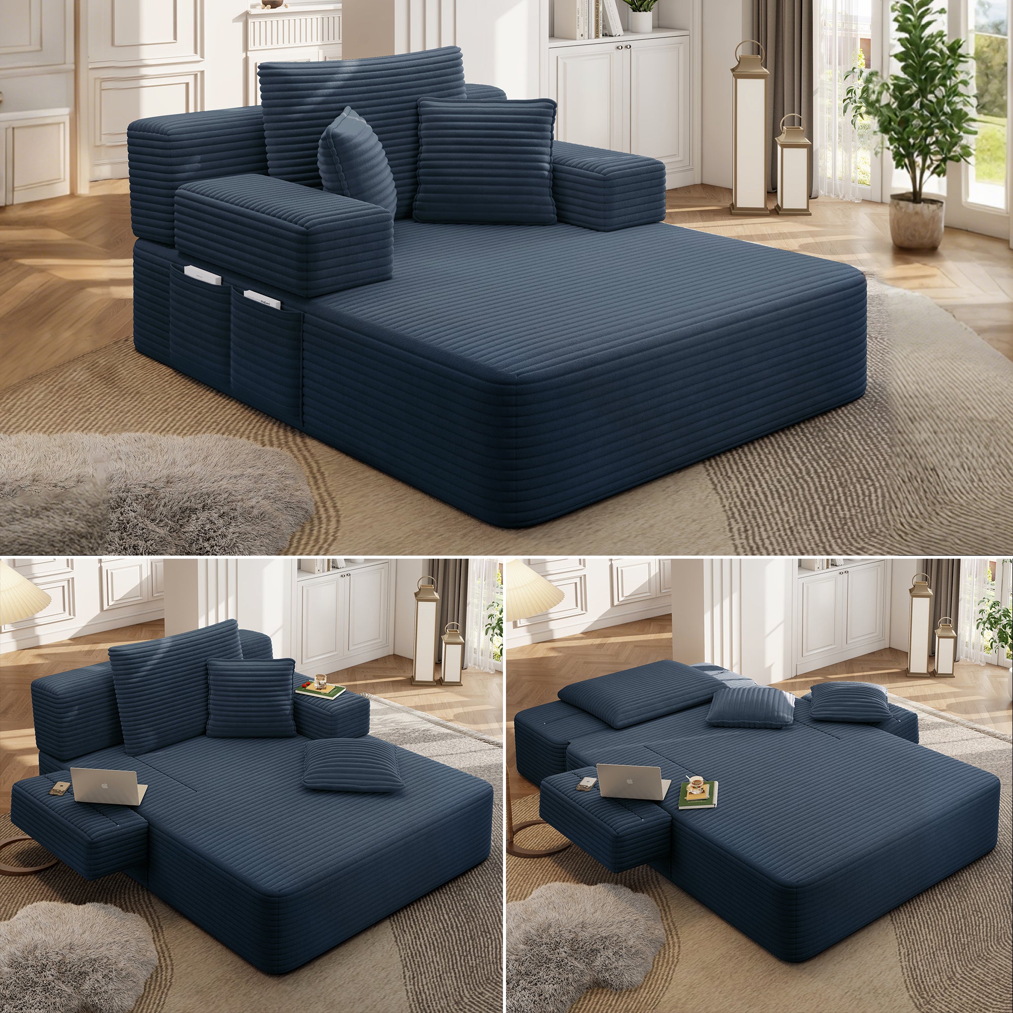 Kelyda 61'' Boneless Chaise Lounge Chair Indoor, 2 in 1 Modern Convertible Cloud Corduroy Sofa Bed Sleeper Chair Dark Grey