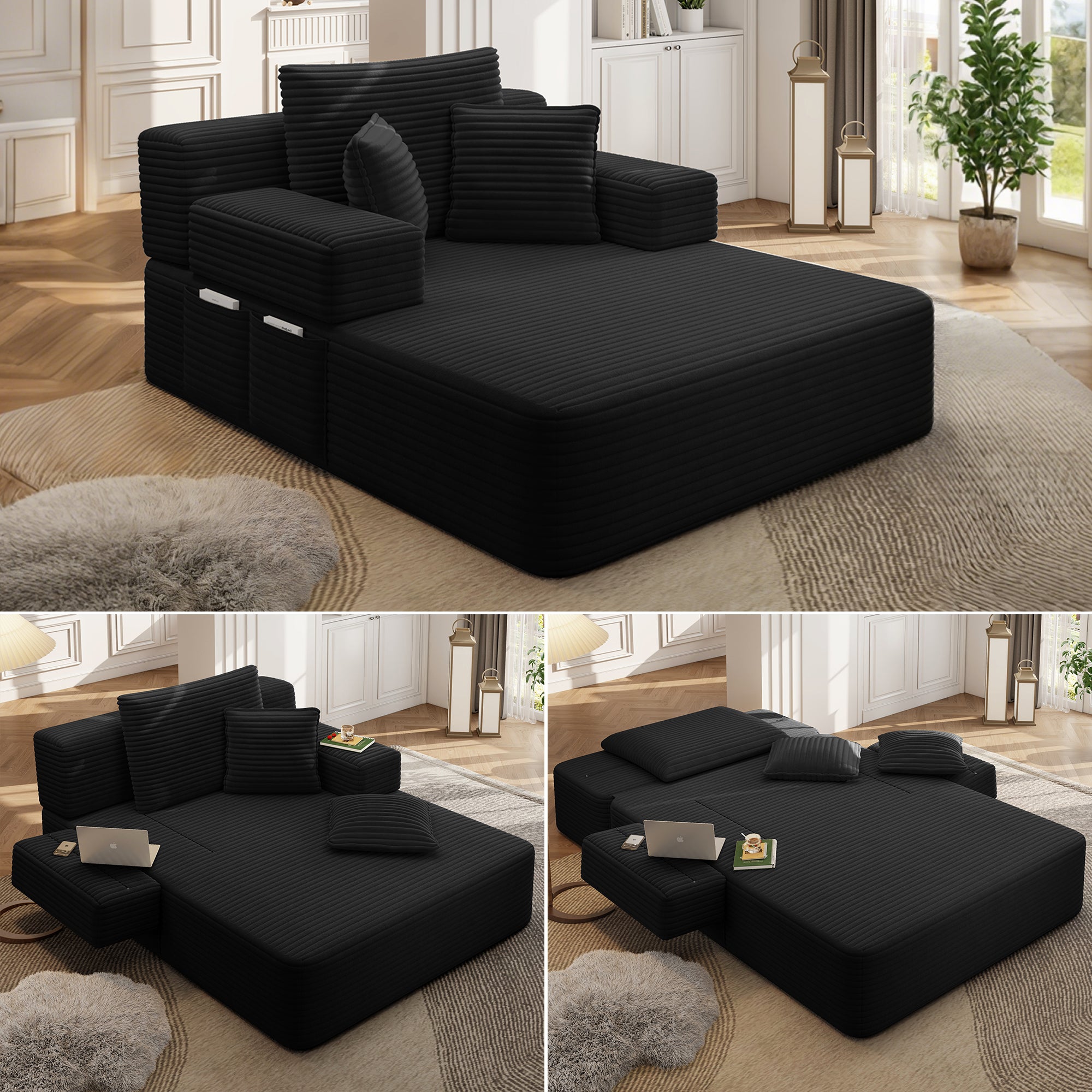 Kelyda 61'' Boneless Chaise Lounge Chair Indoor, 2 in 1 Modern Convertible Cloud Corduroy Sofa Bed Sleeper Chair Dark Grey