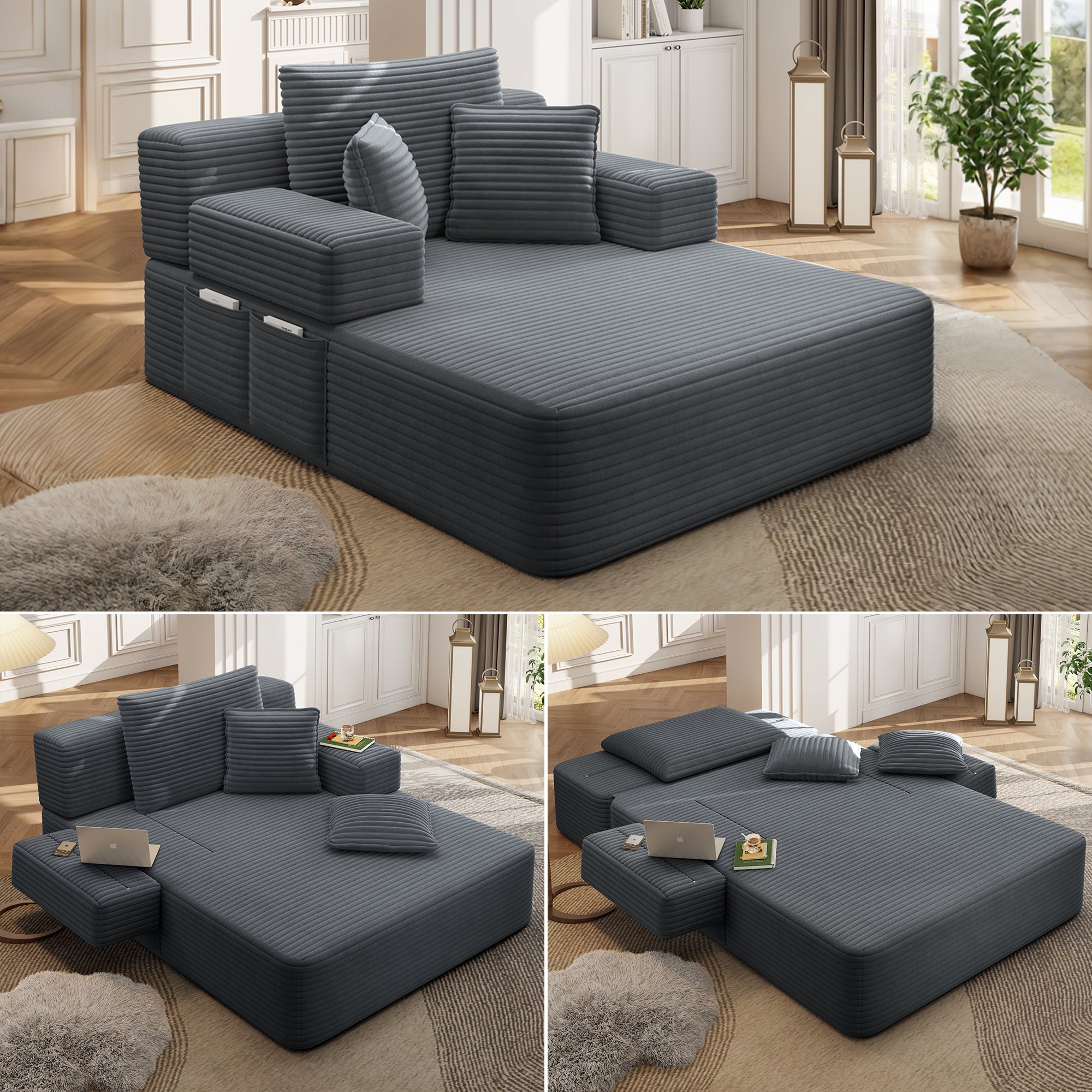 Kelyda 61'' Boneless Chaise Lounge Chair Indoor, 2 in 1 Modern Convertible Cloud Corduroy Sofa Bed Sleeper Chair Dark Grey