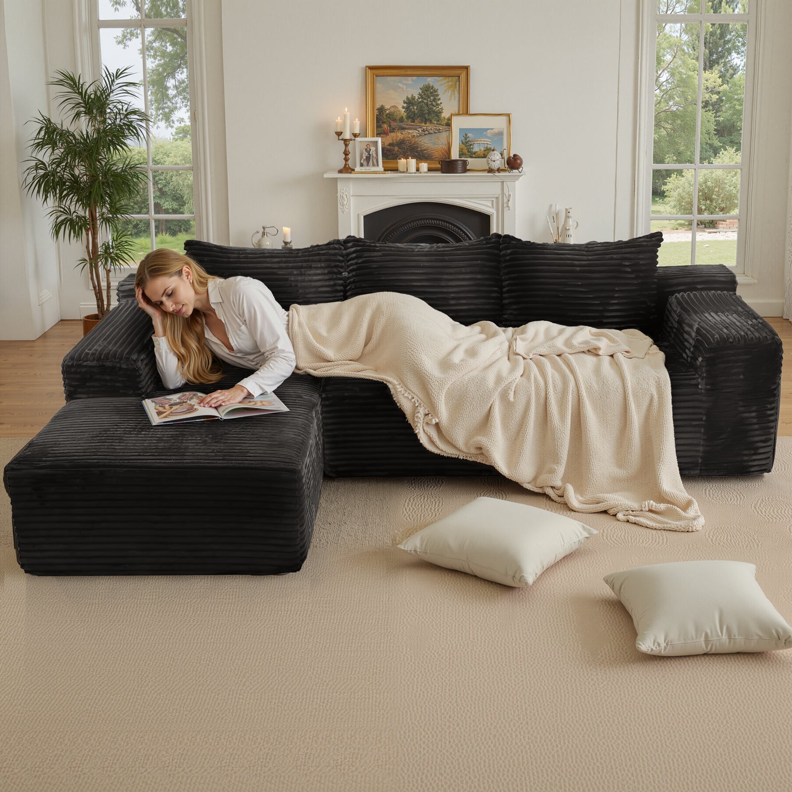 Kelyda 105" Modular L-Shaped Cloud Sofa, Plush Boneless Sectional with Deep Seats Chaise Corduroy Fabric